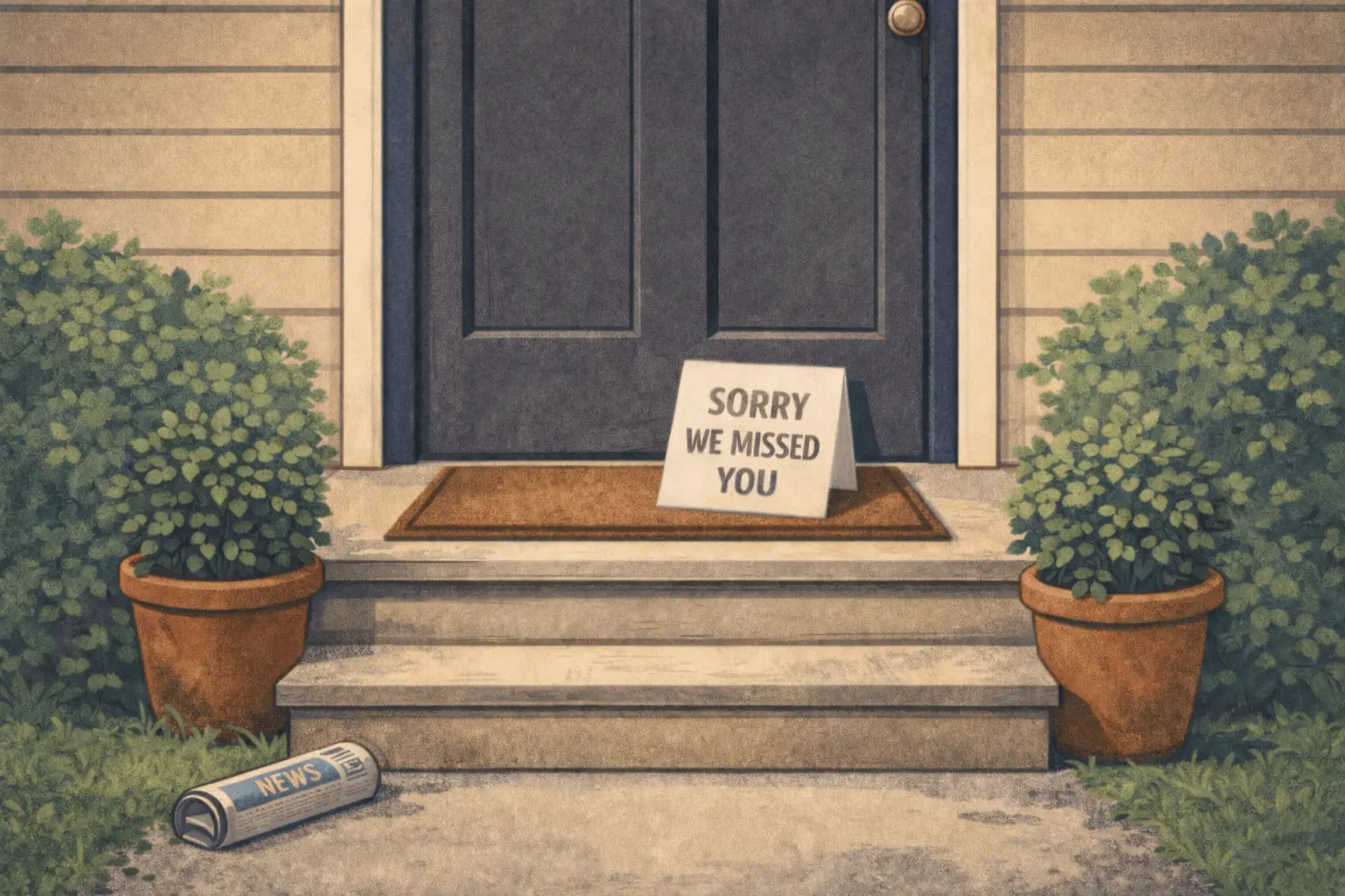 An empty customer doorstep representing a missed field service appointment