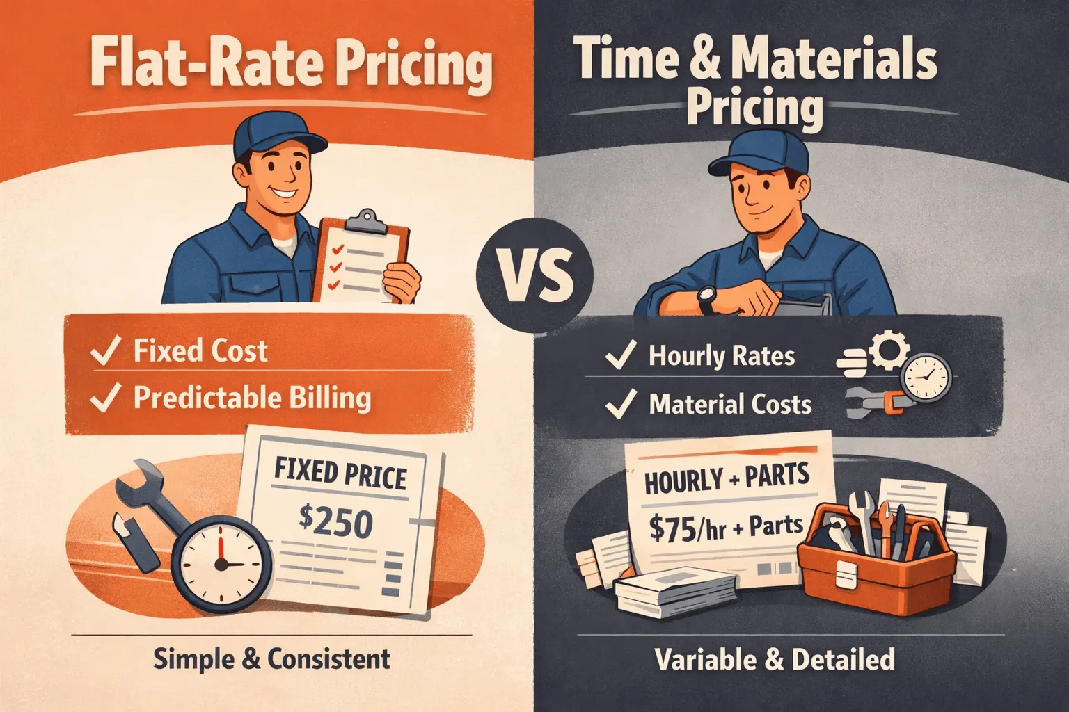 Illustration comparing flat-rate and time-and-materials pricing models for field service businesses