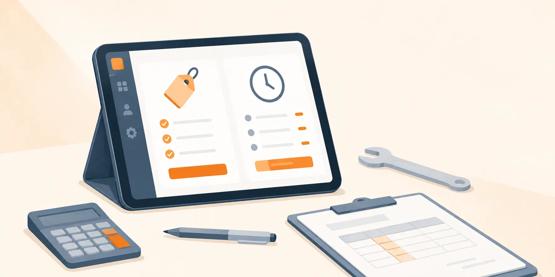 Tablet showing a side-by-side comparison of flat-rate pricing and time-and-materials billing, next to a calculator and a time-log clipboard.