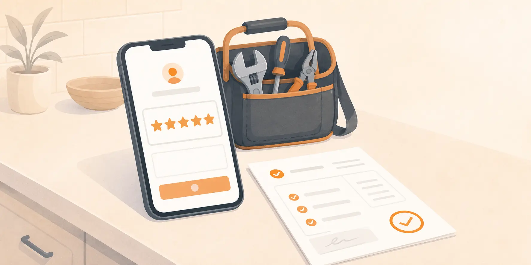 Smartphone showing a five-star customer review request next to a service technician toolbag and a completed job invoice on a kitchen counter.