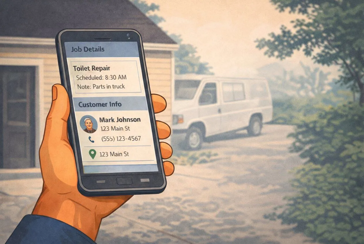 A technician using a mobile device to view job details and customer information on site