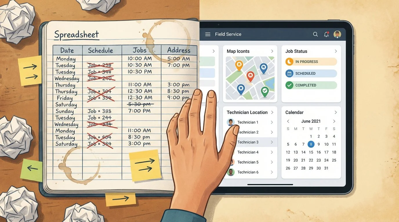 A cluttered spreadsheet next to a clean digital dashboard, representing the transition to field service software