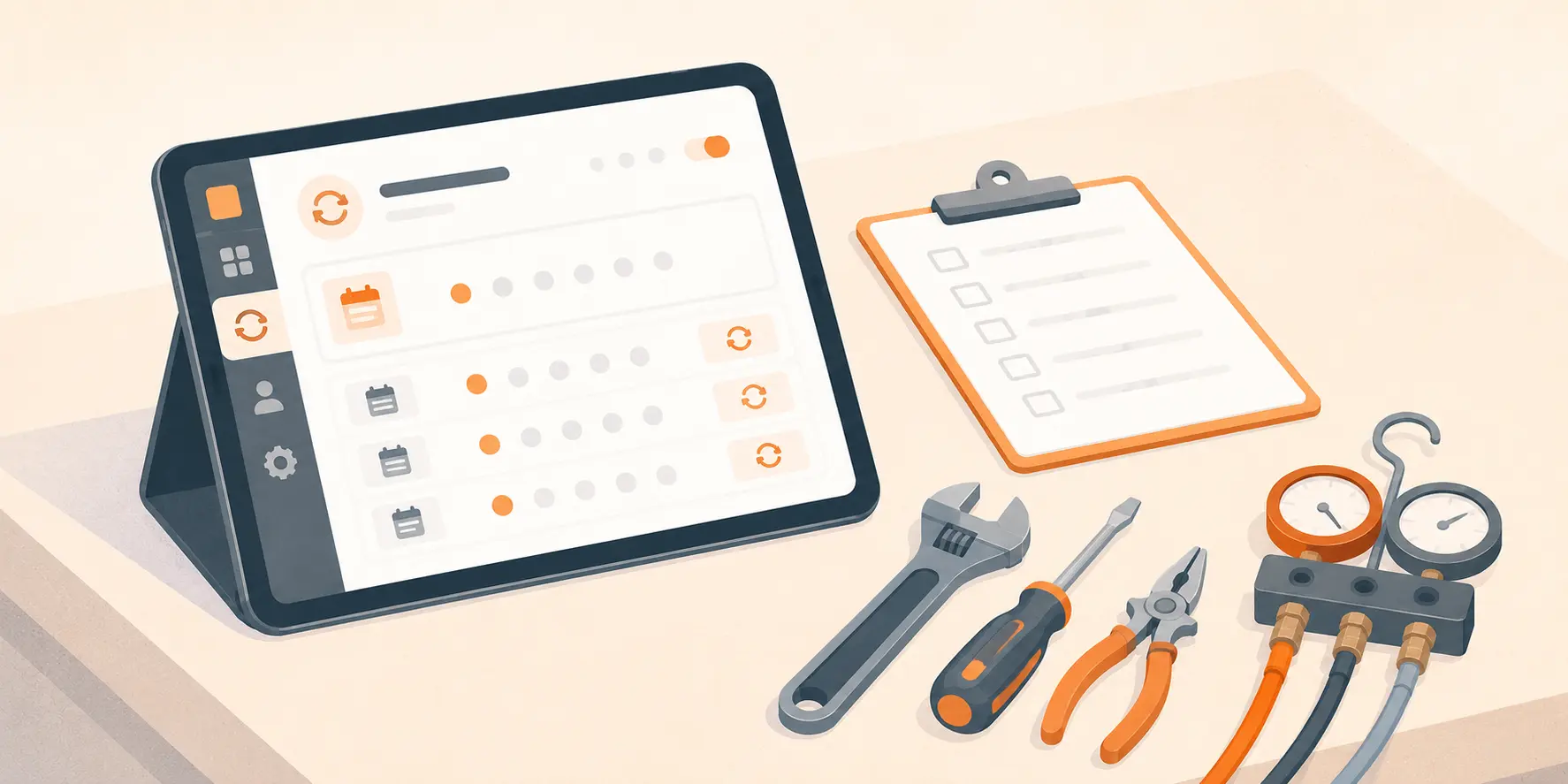 Tablet showing a recurring service agreement with a monthly billing schedule, next to a maintenance checklist and a set of HVAC tools on a workbench.