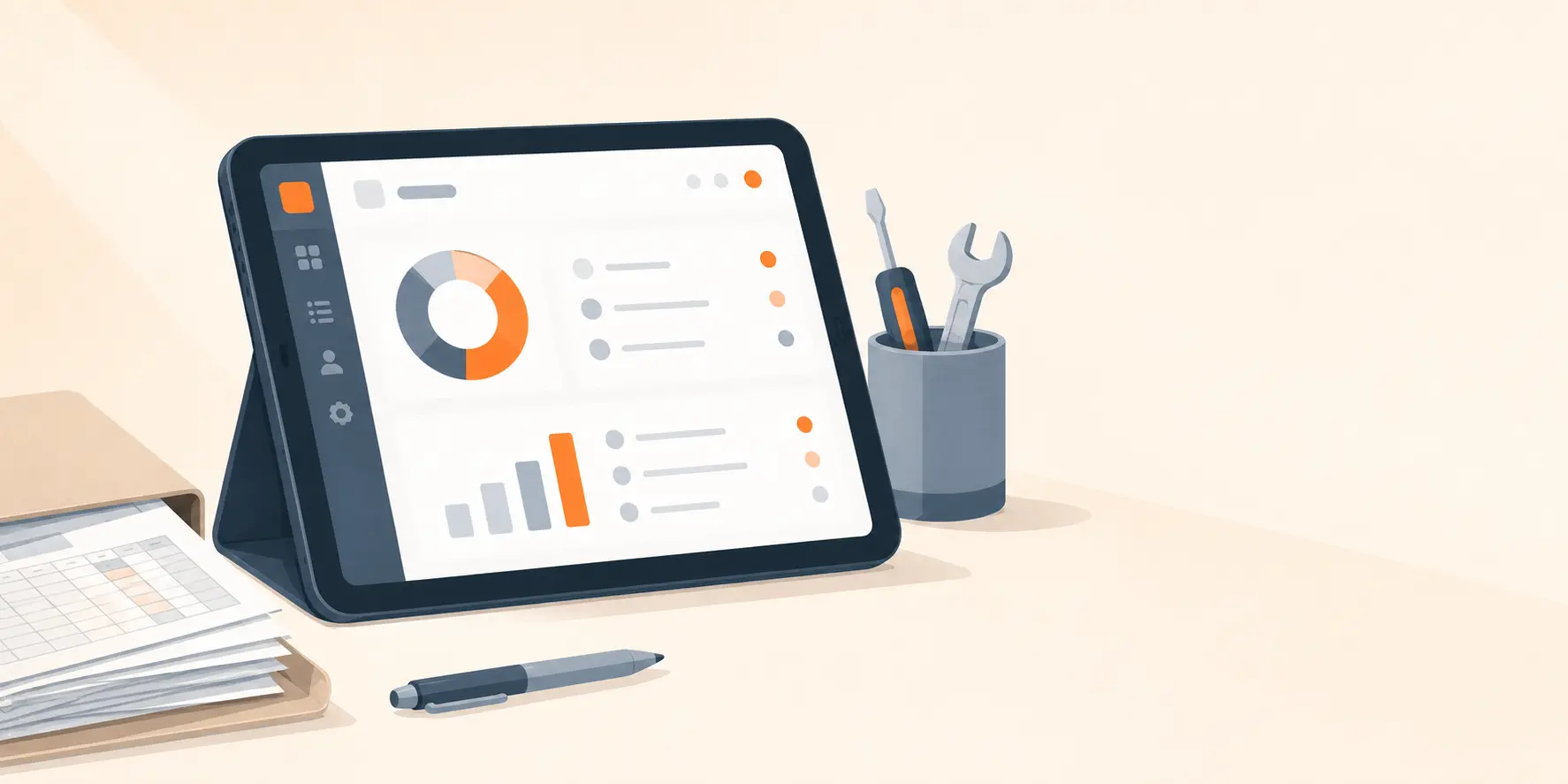 Tablet showing a field service dashboard with charts and task lists, next to a stack of paper spreadsheets and a mug of hand tools.