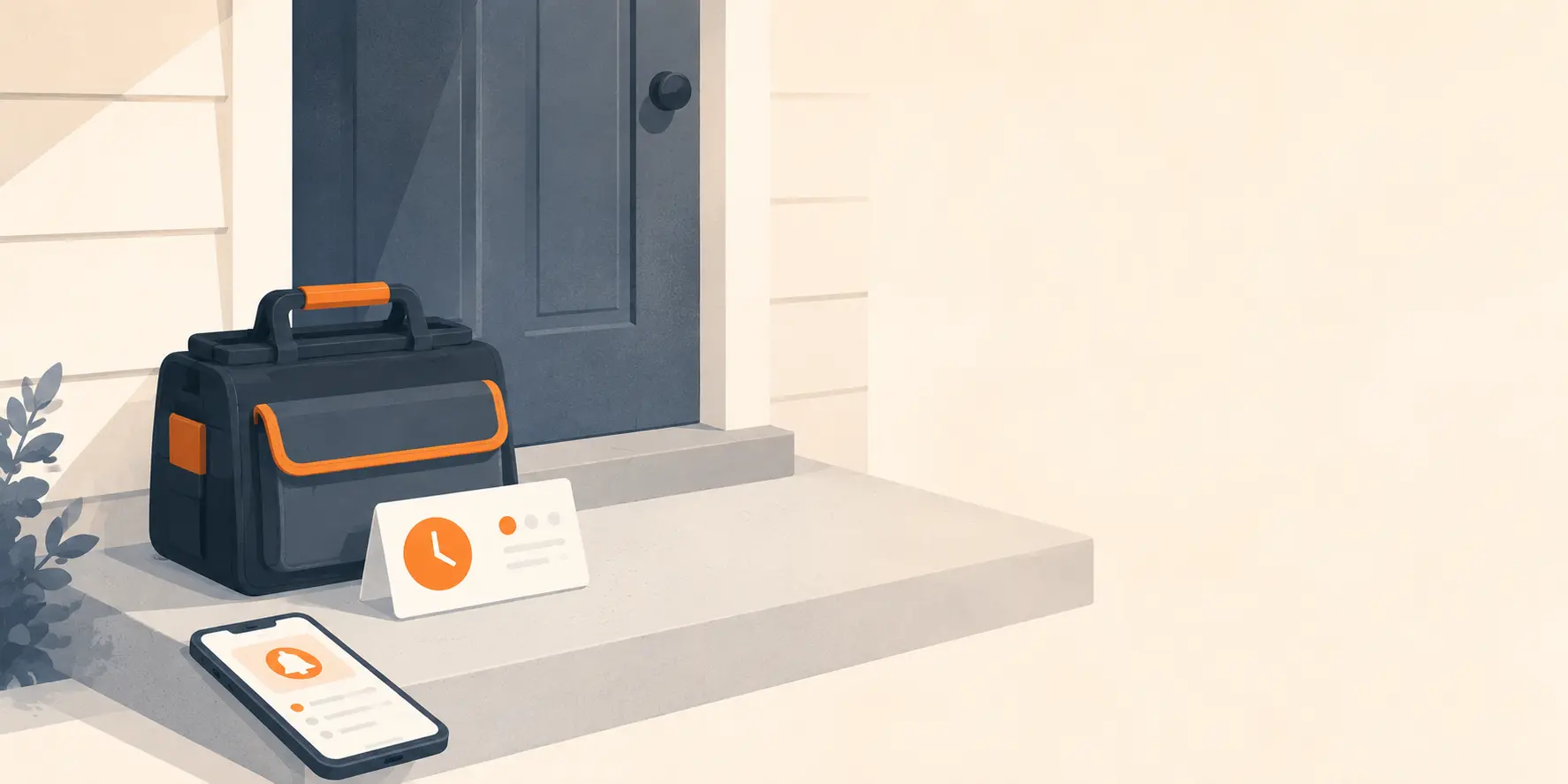 Service technician tool bag and smartphone with an appointment alert left on an empty front porch in front of a closed door.