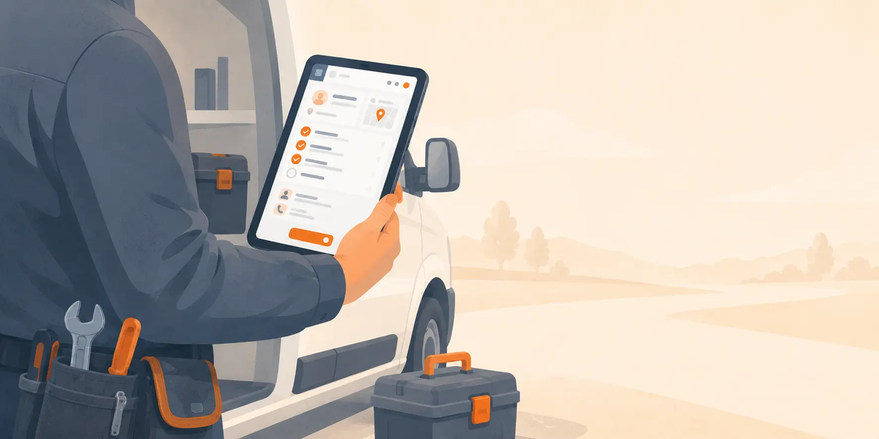 Field technician in a tool belt holding a smartphone showing a job checklist and customer map, standing beside an open service van.