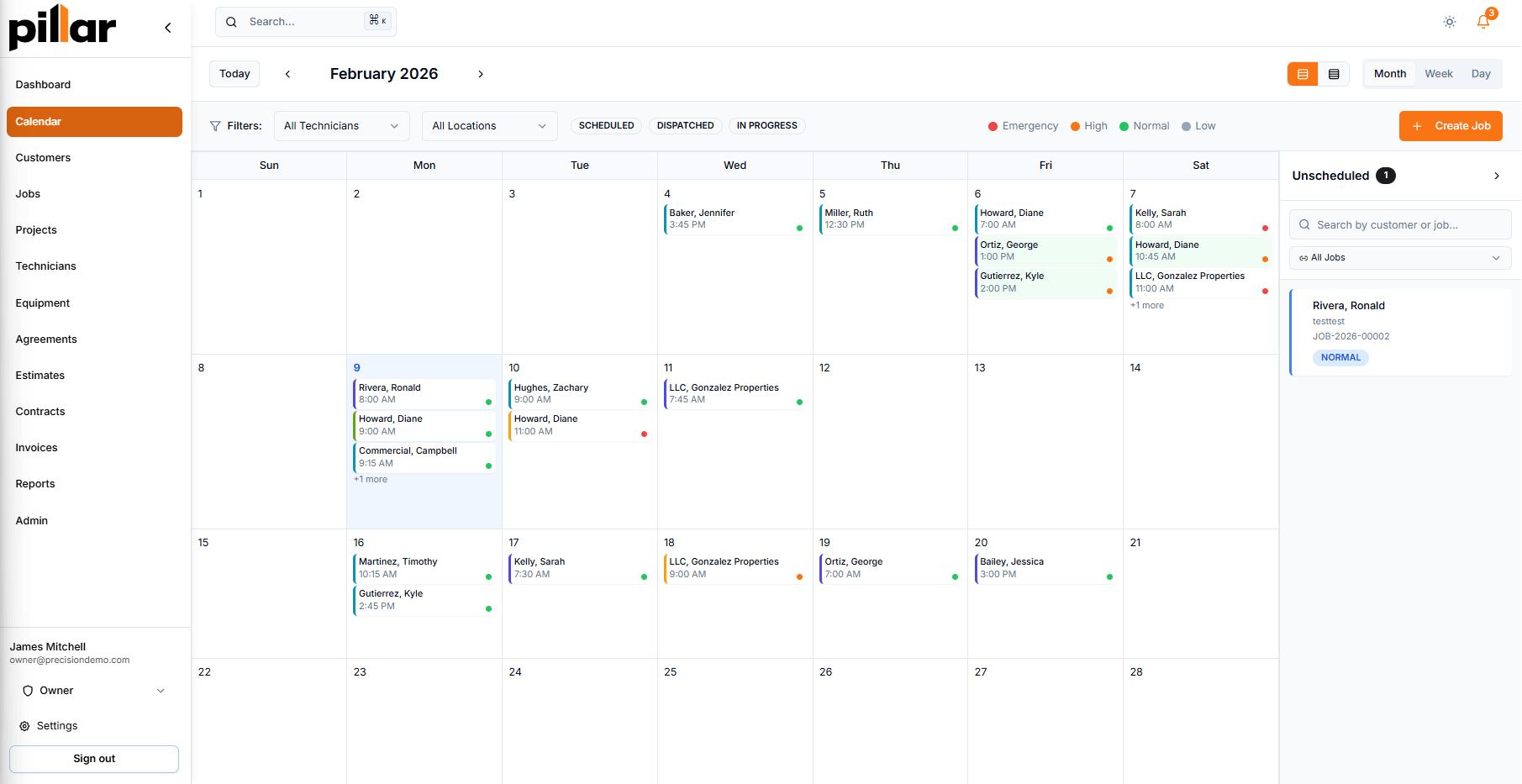 Pillar calendar month view showing color-coded technician appointments across multiple service areas