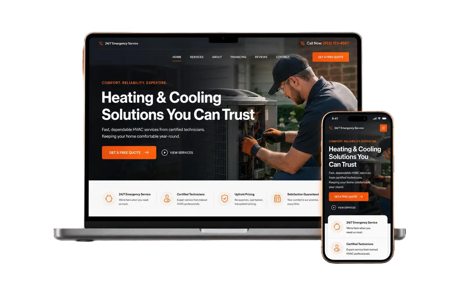 Example HVAC website designed and built by Pillar, shown on a laptop and phone with a fast, modern layout and clear call-to-action buttons