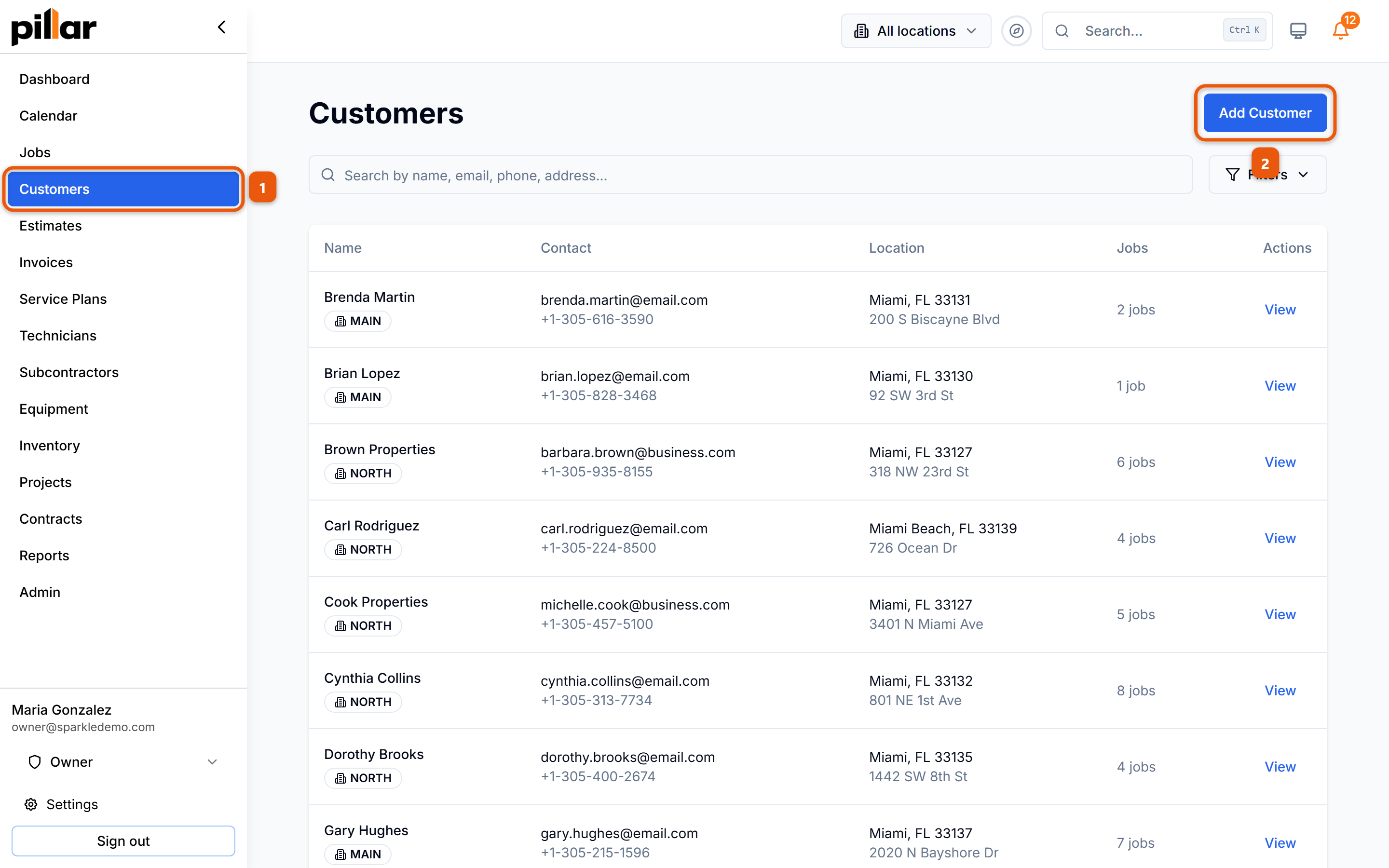 The customers list with the click path numbered: Customers in the left sidebar, then the Add Customer button at the top right