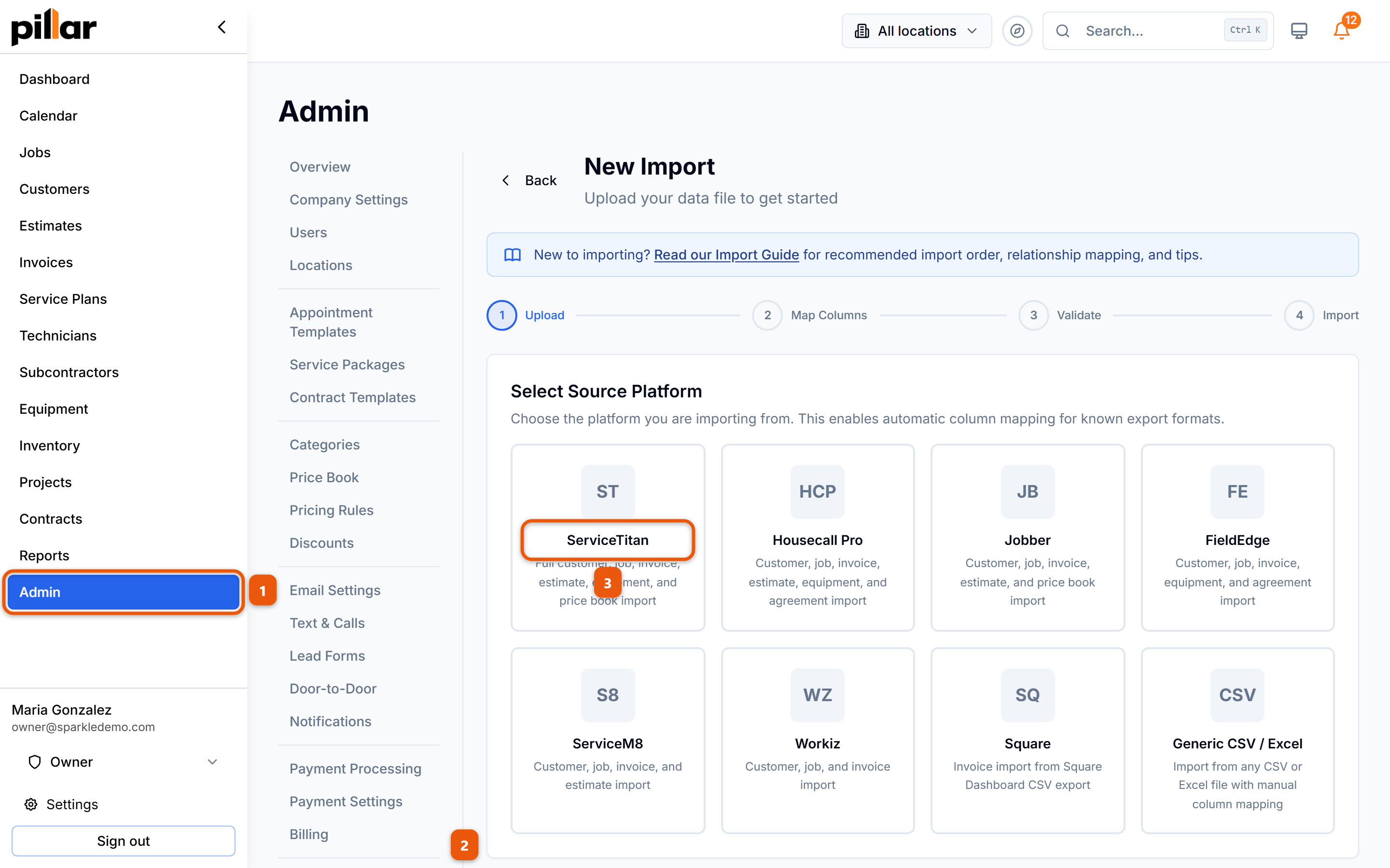 The New Import screen with the click path numbered: Admin in the sidebar, Data Import in the admin menu, then the Select Source Platform tiles