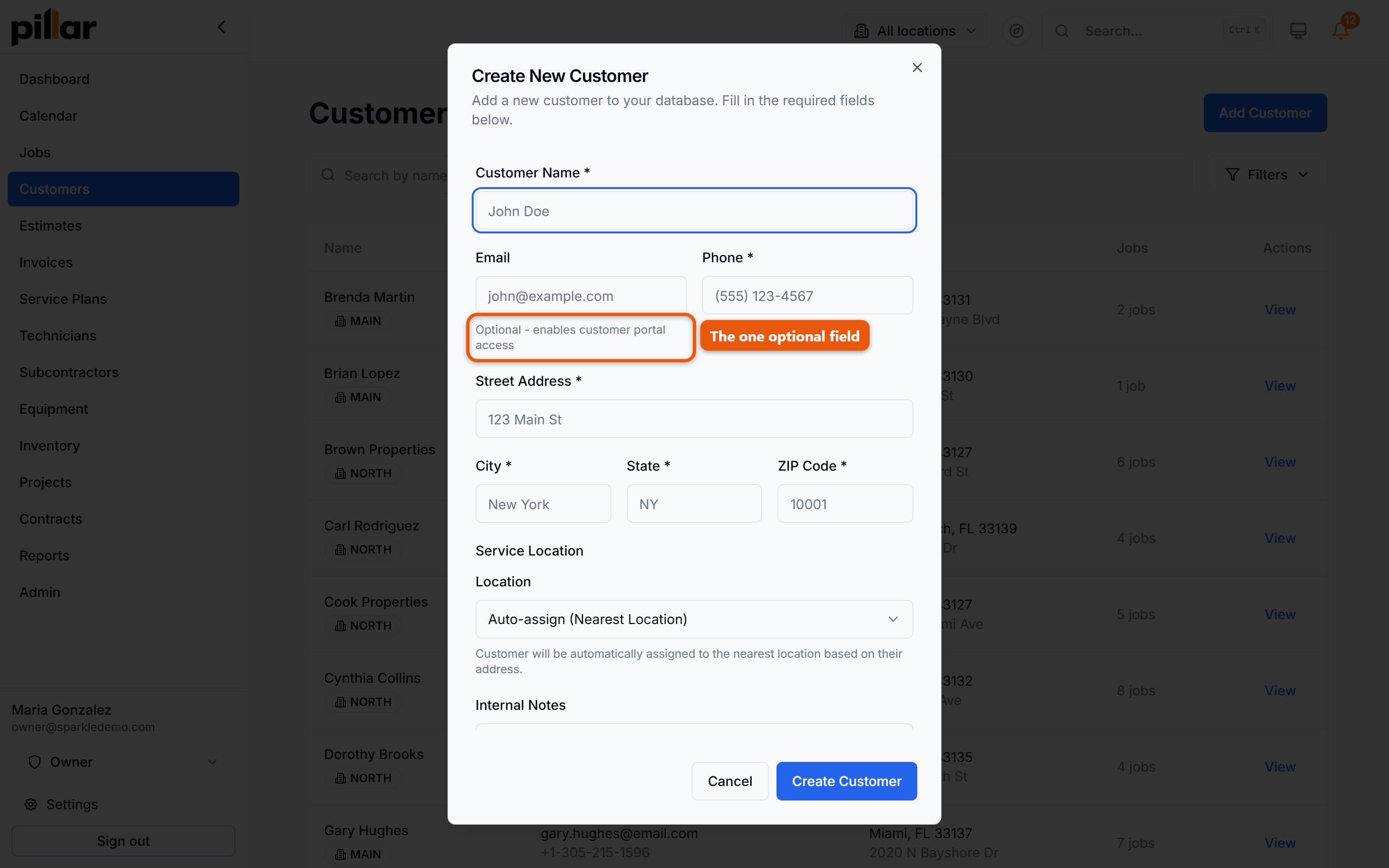 The Create New Customer form with the optional Email field and its hint highlighted