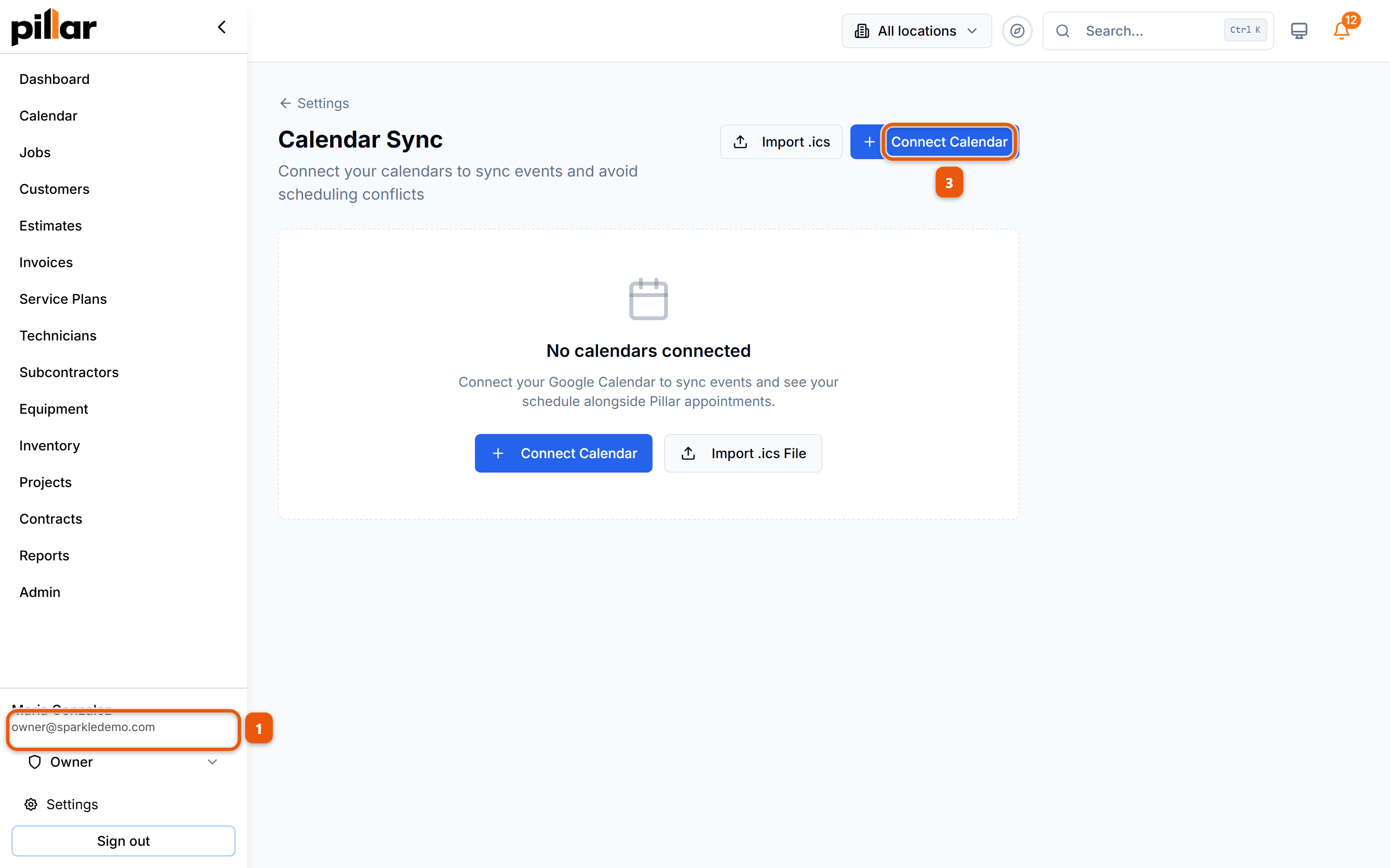 The Calendar Sync page with no calendars connected, the Connect Calendar button numbered 3 after Settings and Calendar Sync