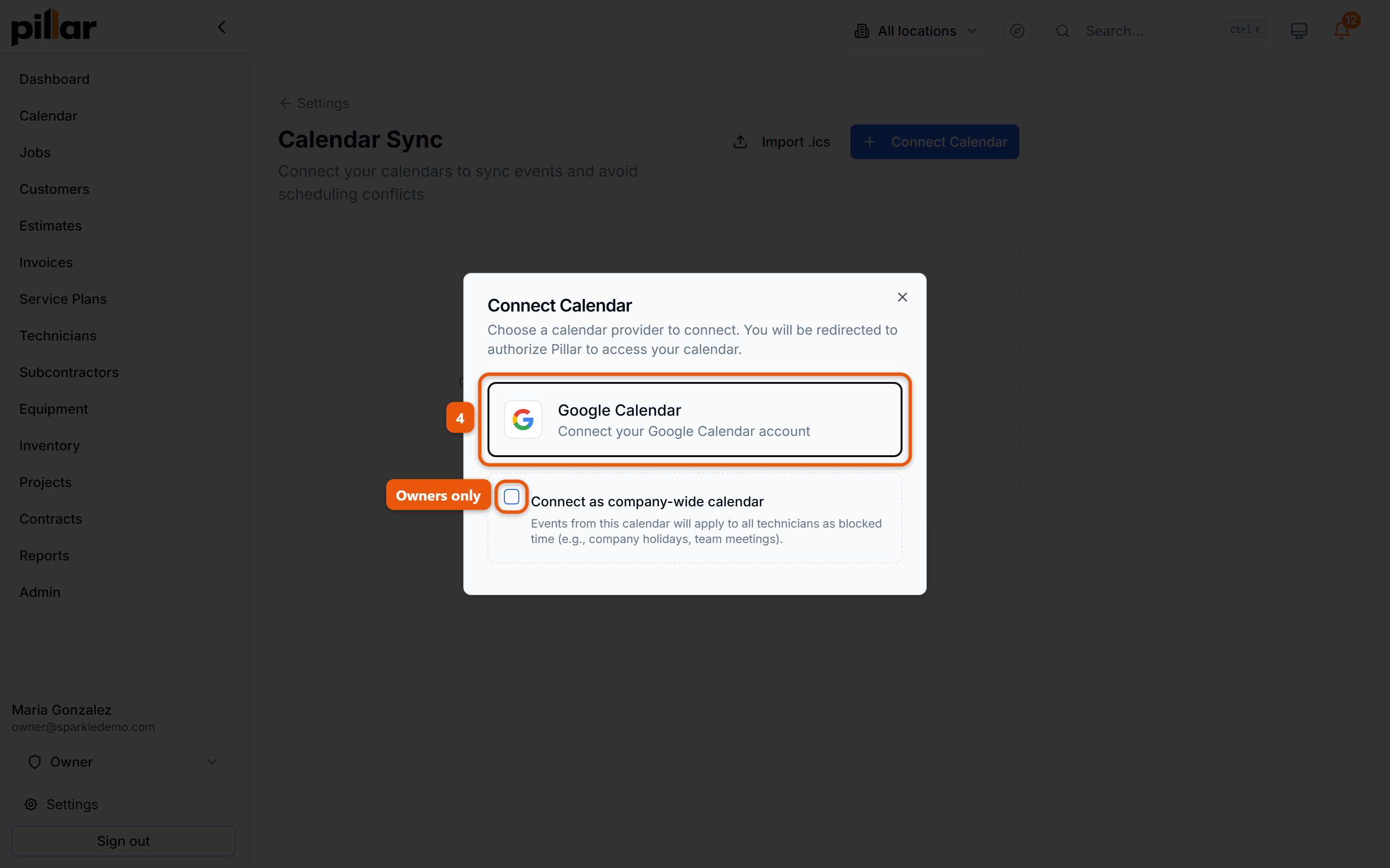 The Connect Calendar dialog showing the Google Calendar option numbered 4, with the owners-only company-wide calendar checkbox below it