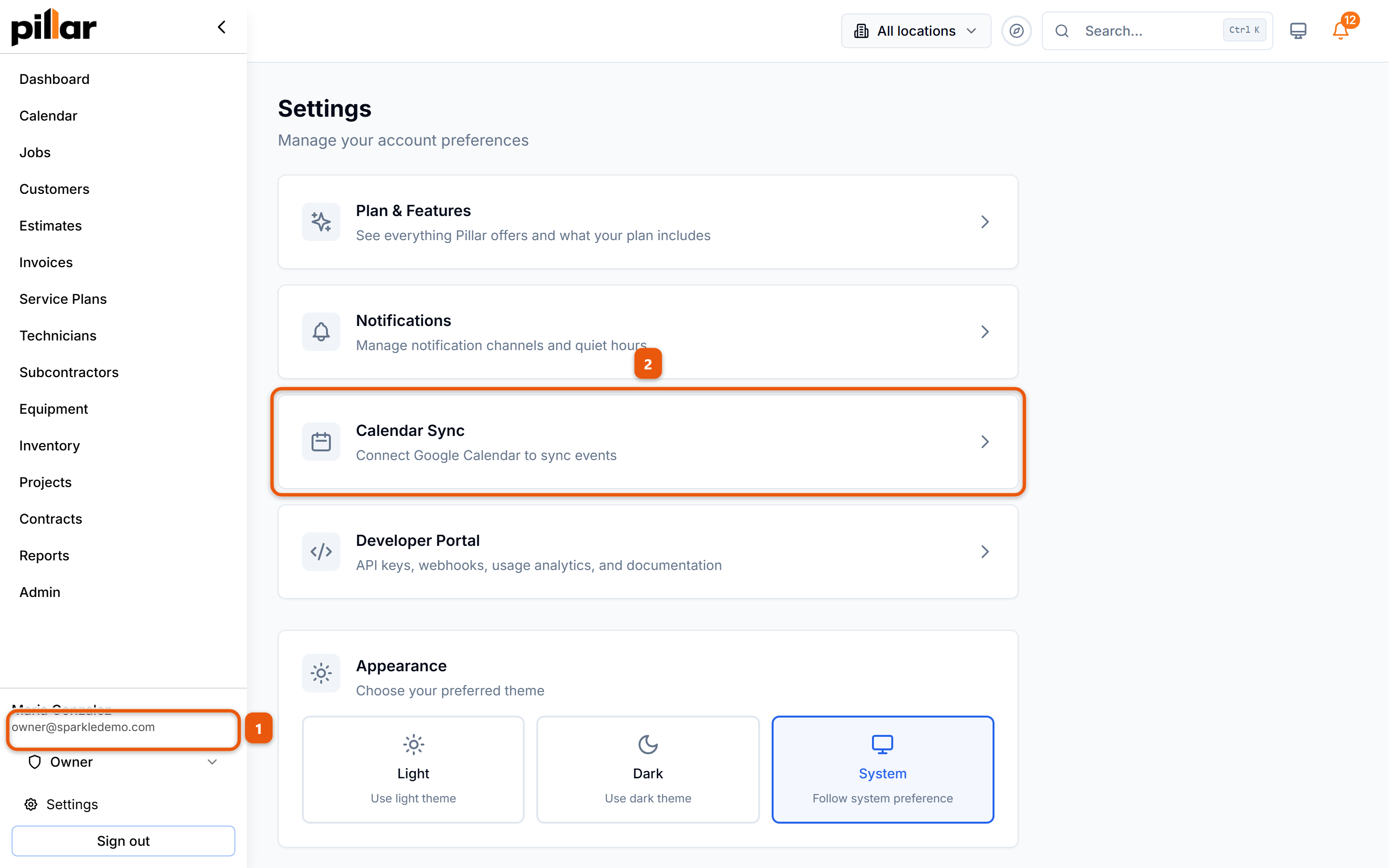 The Settings page with the click path numbered: Settings at the bottom of the left sidebar, then the Calendar Sync card