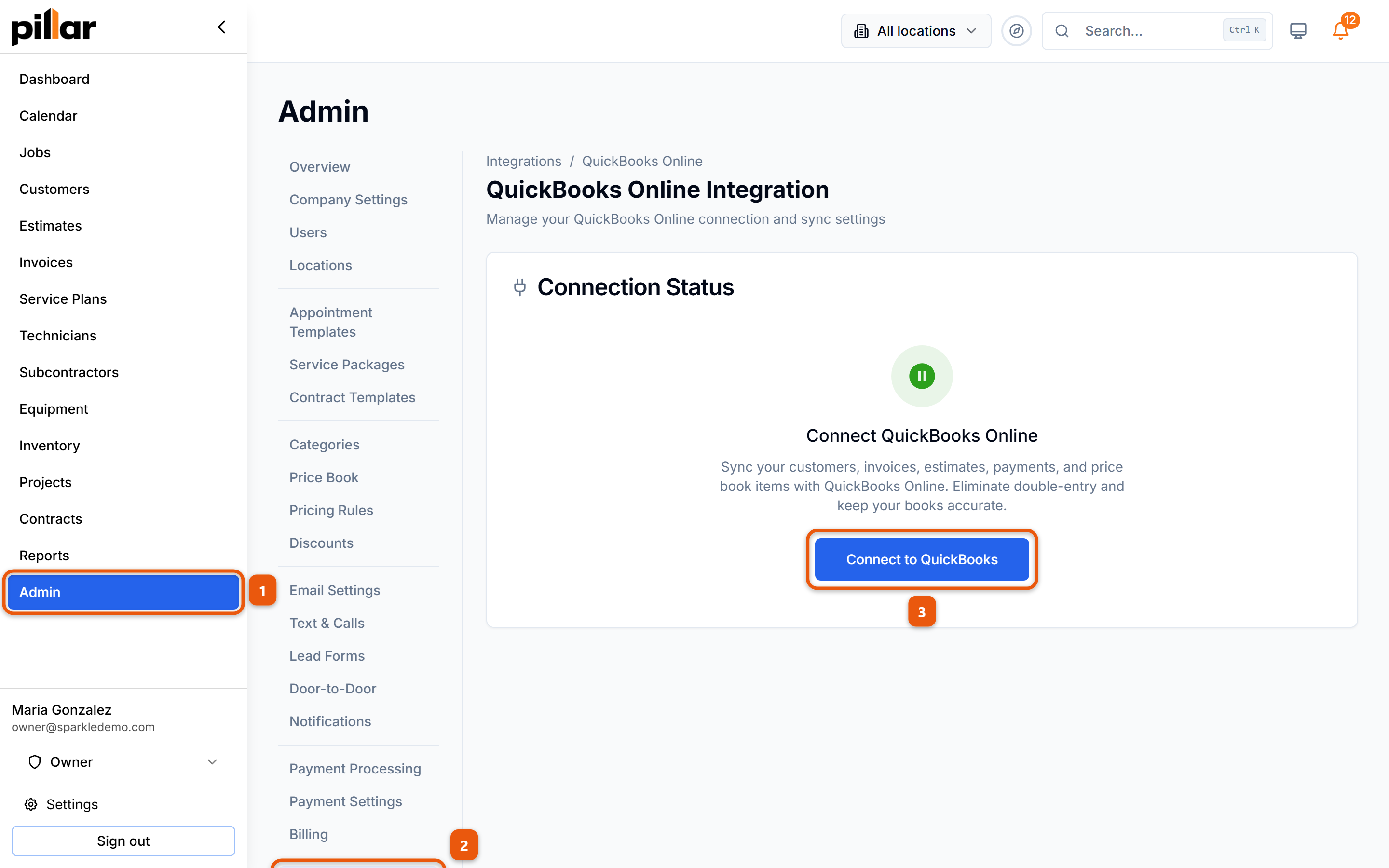 The QuickBooks Online Integration page before it is linked, with the click path numbered: Admin in the sidebar, Integrations in the admin menu, then the Connect to QuickBooks button