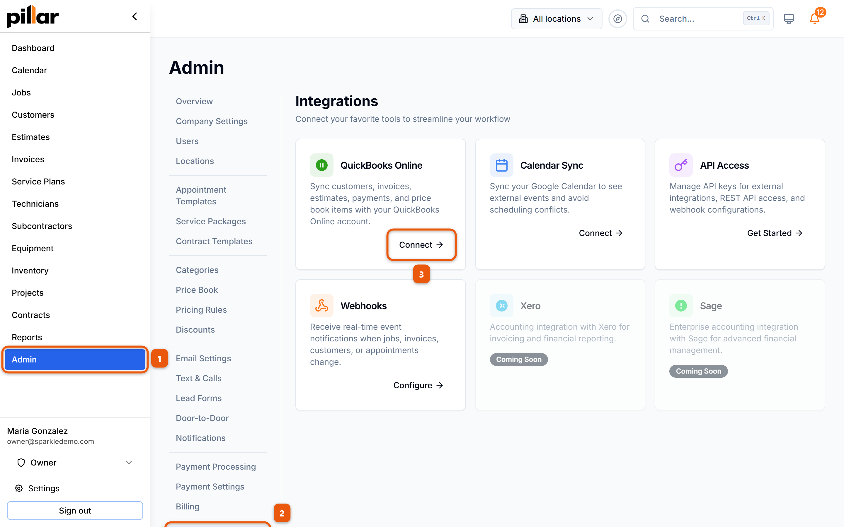 The Integrations page with the click path numbered: Admin in the sidebar, Integrations in the admin menu, then the Connect button on the QuickBooks Online card