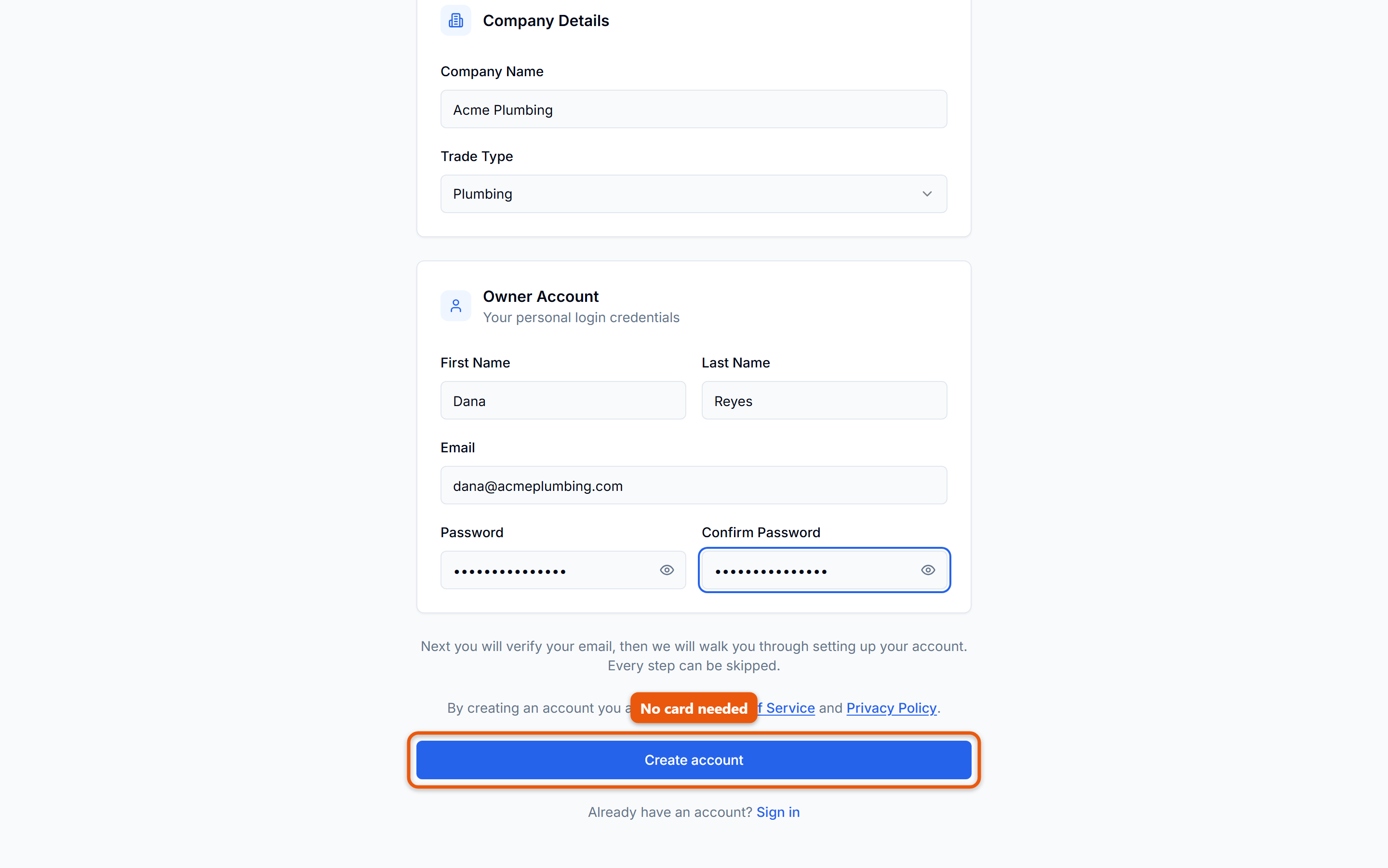 The Owner Account section of the Pillar signup form filled in, with the Create account button boxed