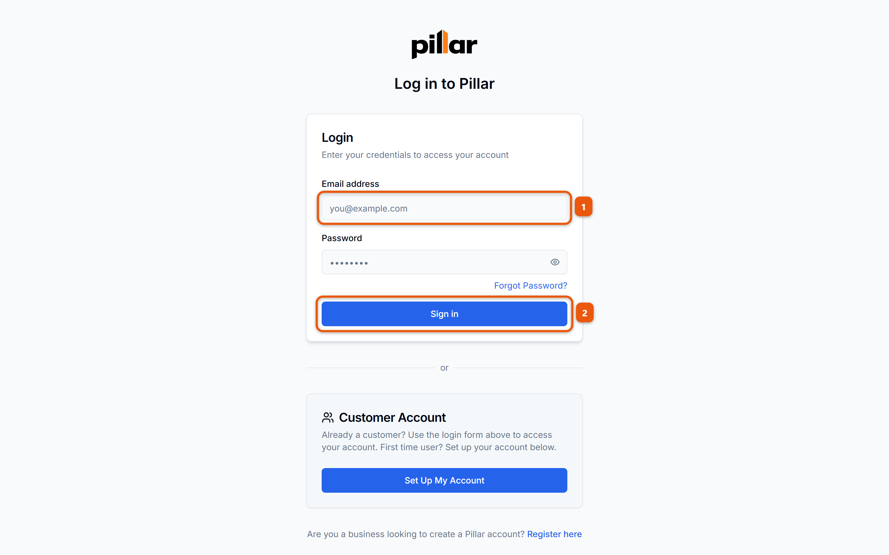 The Pillar login page with the Email address field numbered 1 and the Sign in button numbered 2