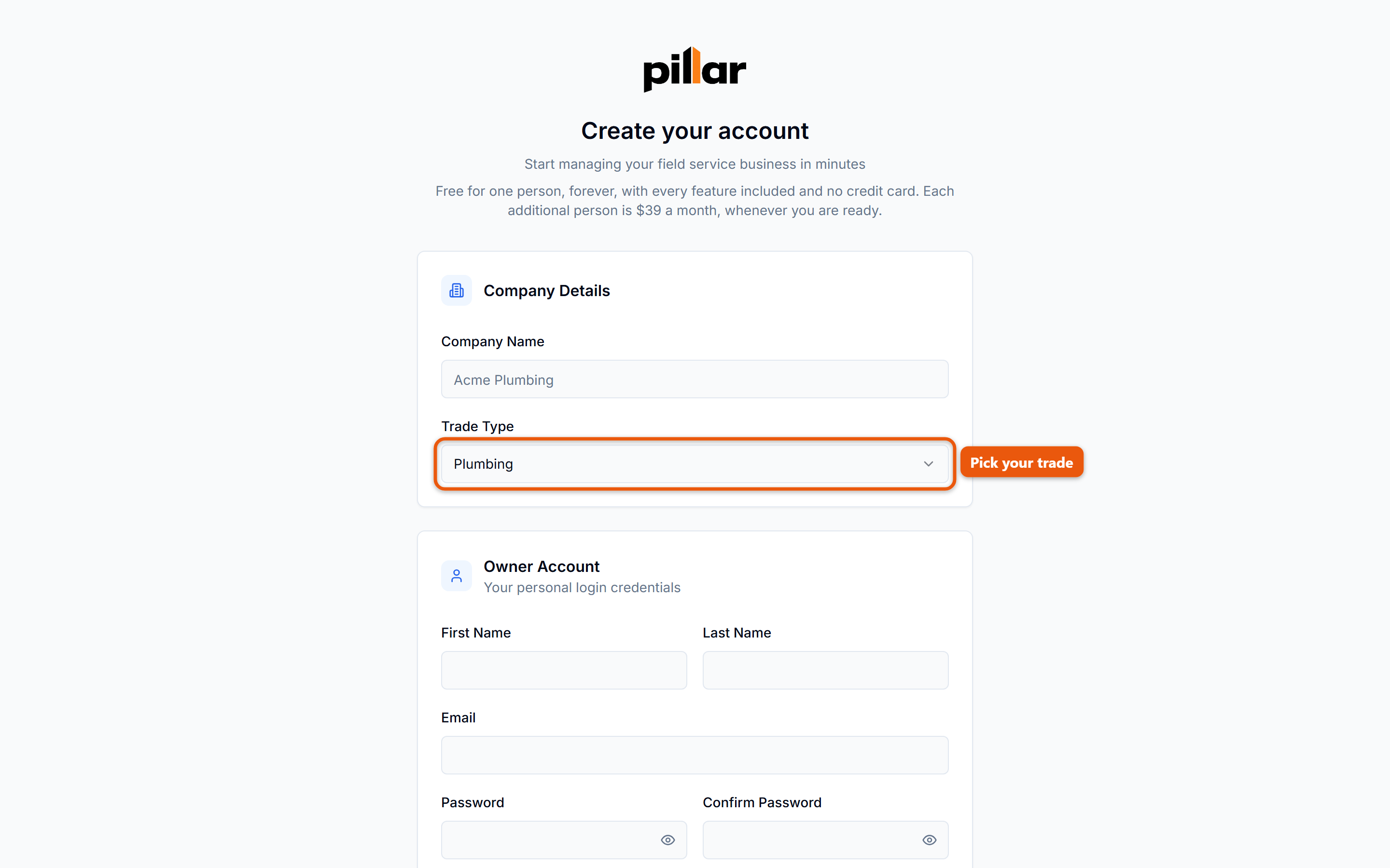 The Pillar signup page showing the Company Details section with the Company Name and Trade Type fields, and the Trade Type field boxed