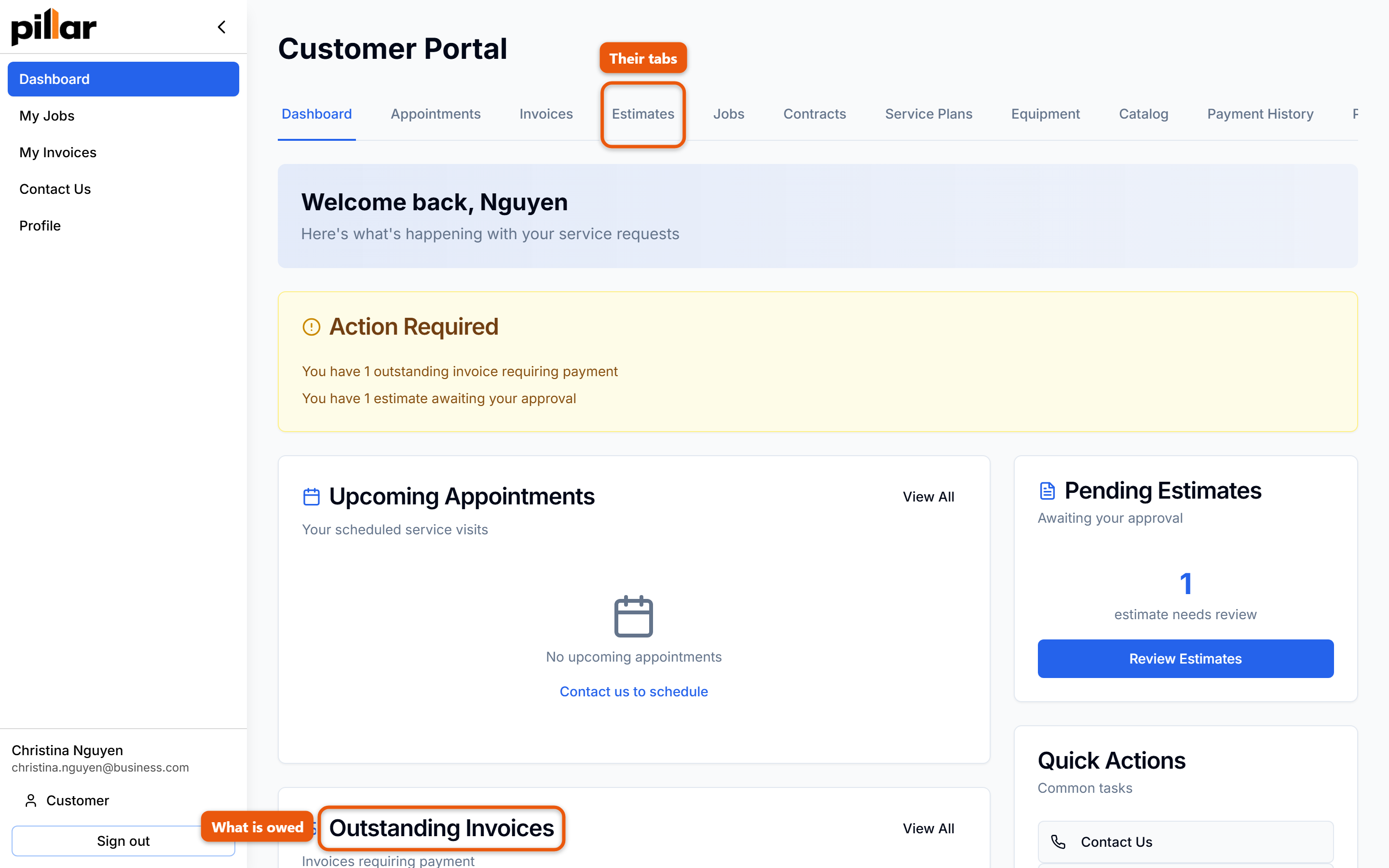 The customer portal dashboard showing upcoming appointments, outstanding invoices, and the portal navigation