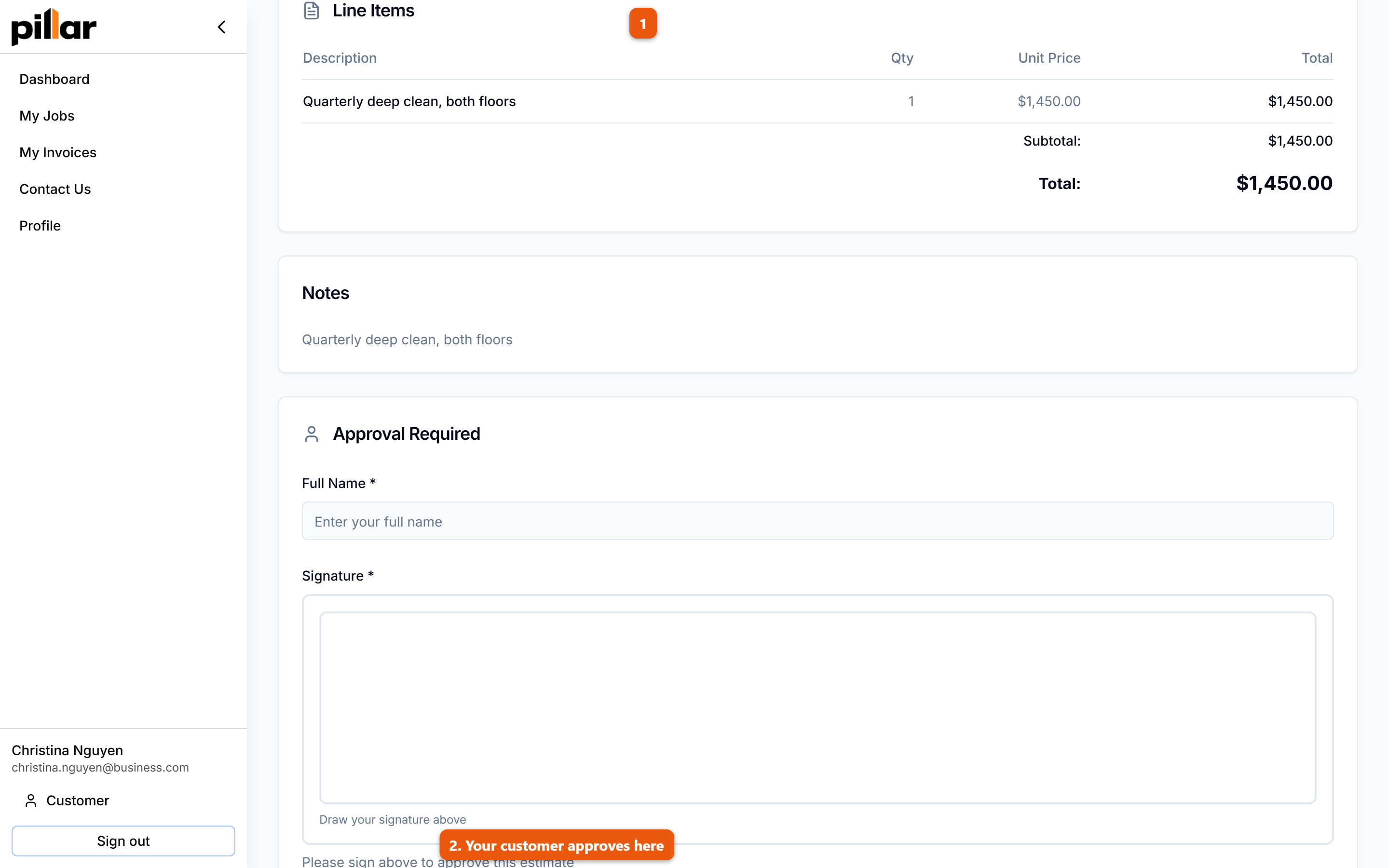 An estimate in the customer portal with the Approval Required card and the Approve Estimate button numbered