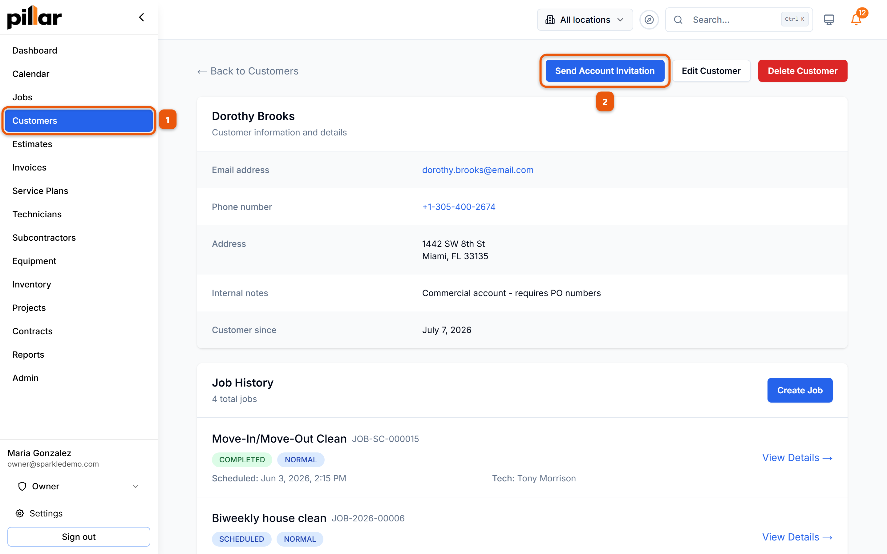 A customer record with the click path numbered: Customers in the sidebar, then the Send Account Invitation button at the top of the record