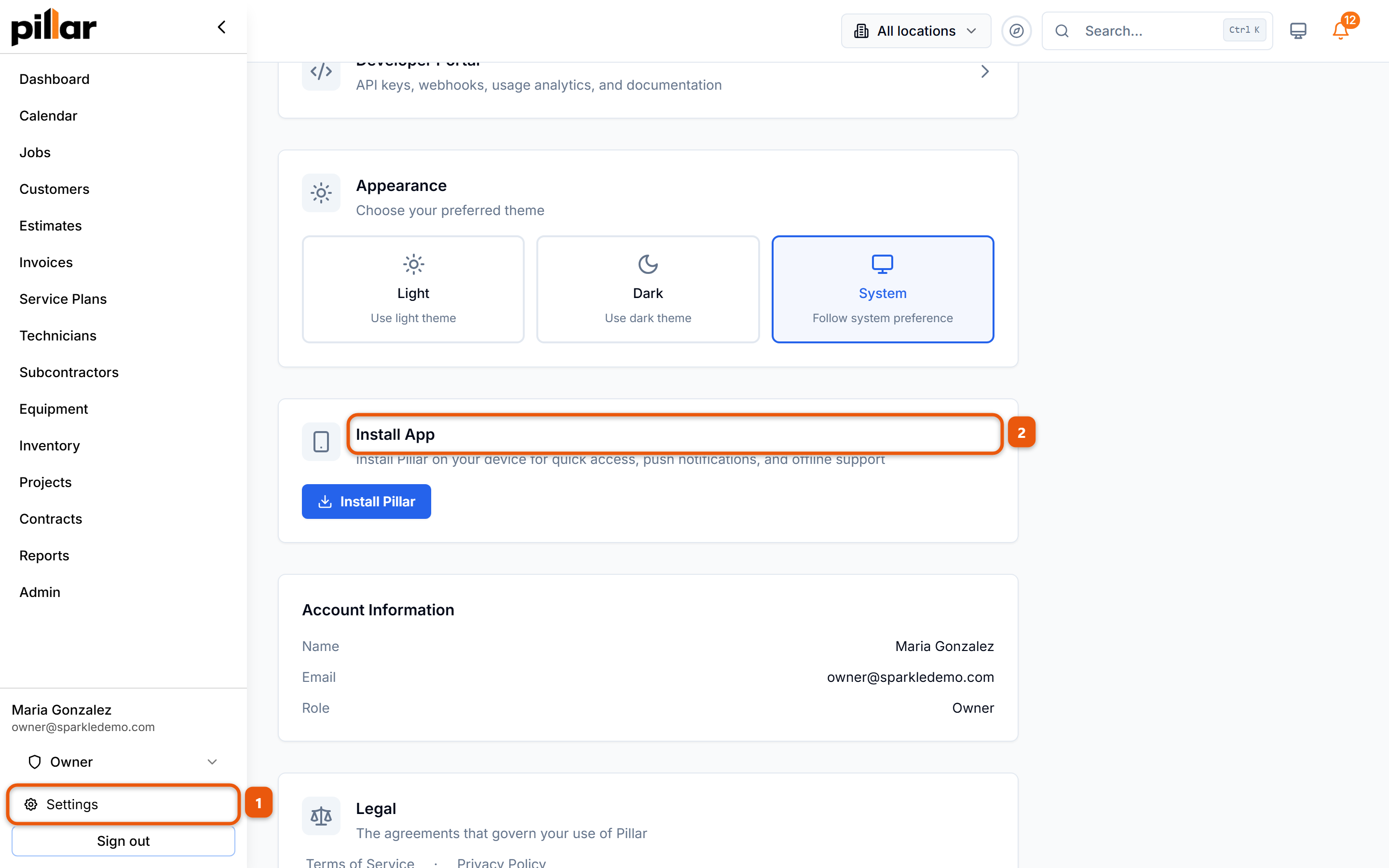 The Pillar settings page with the click path numbered: Settings in the left sidebar, then the Install App card