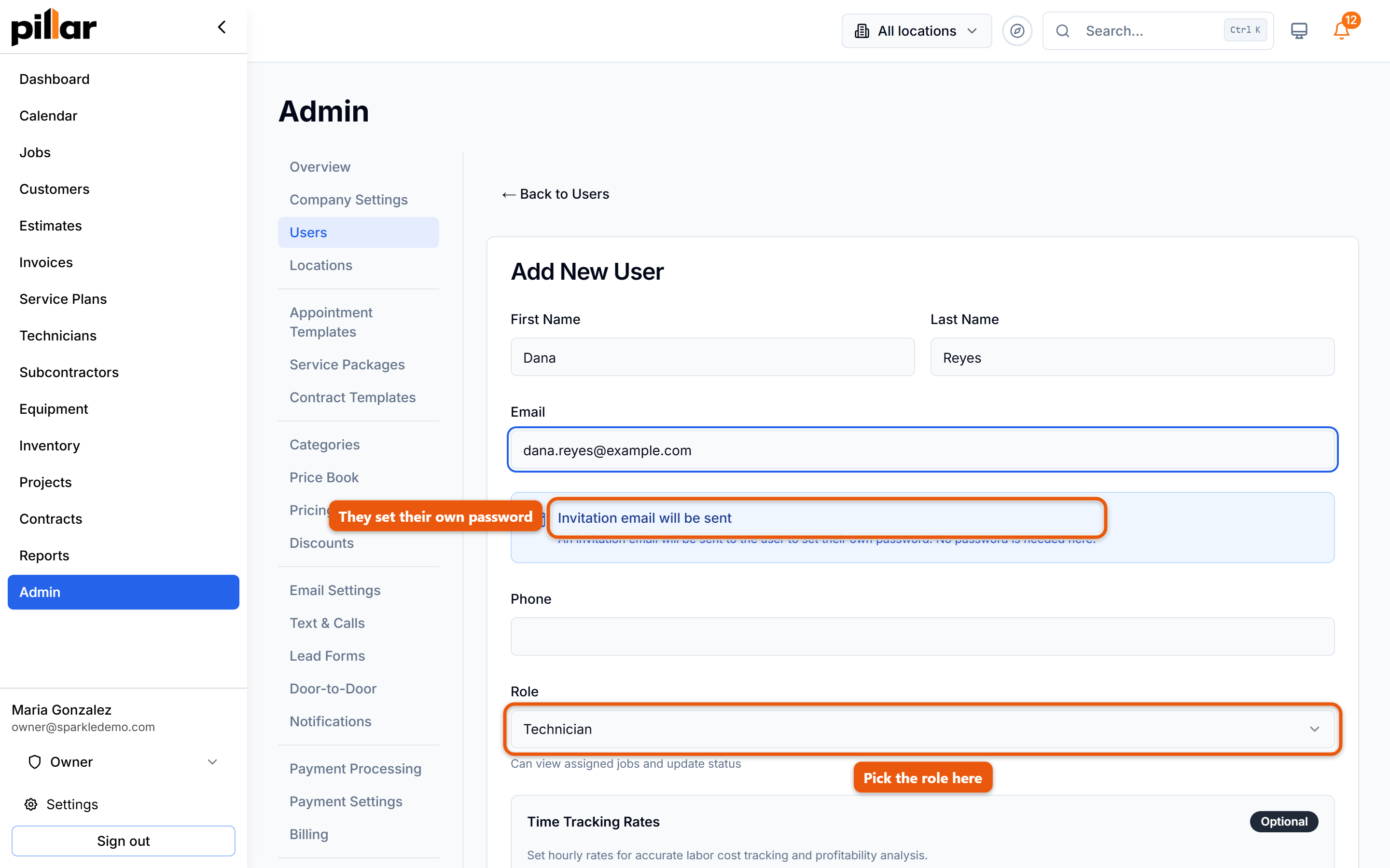 The Add New User form with the Role dropdown and the invitation notice highlighted