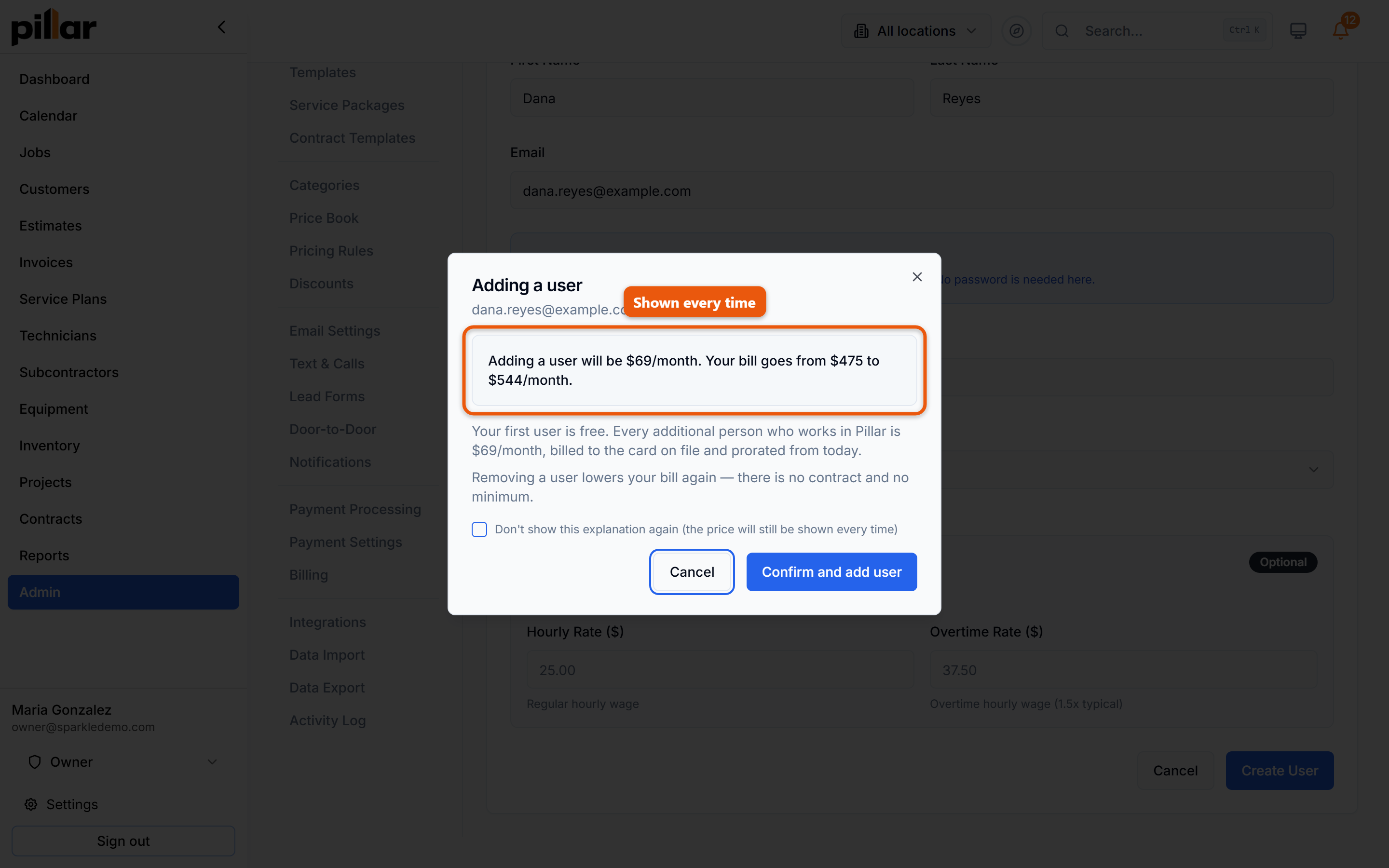 The Adding a user dialog showing the monthly price for the seat and the new monthly total, with a Confirm and add user button