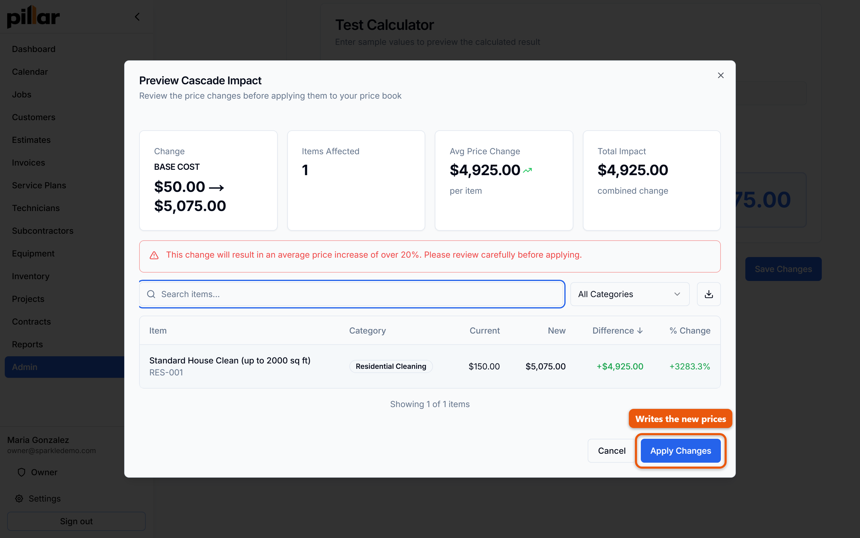 The Preview Cascade Impact dialog listing each affected price book item with its current price, new price, difference and percentage change