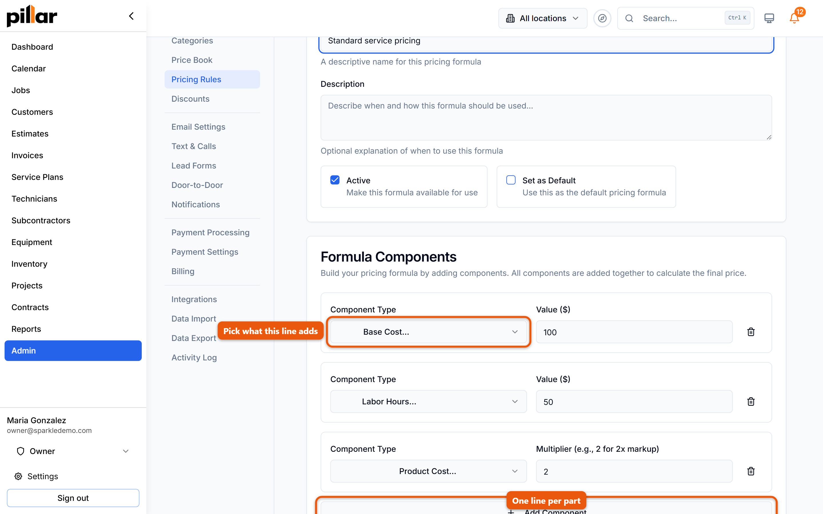 The Create Pricing Formula page with the Component Type dropdown and the Add Component button highlighted
