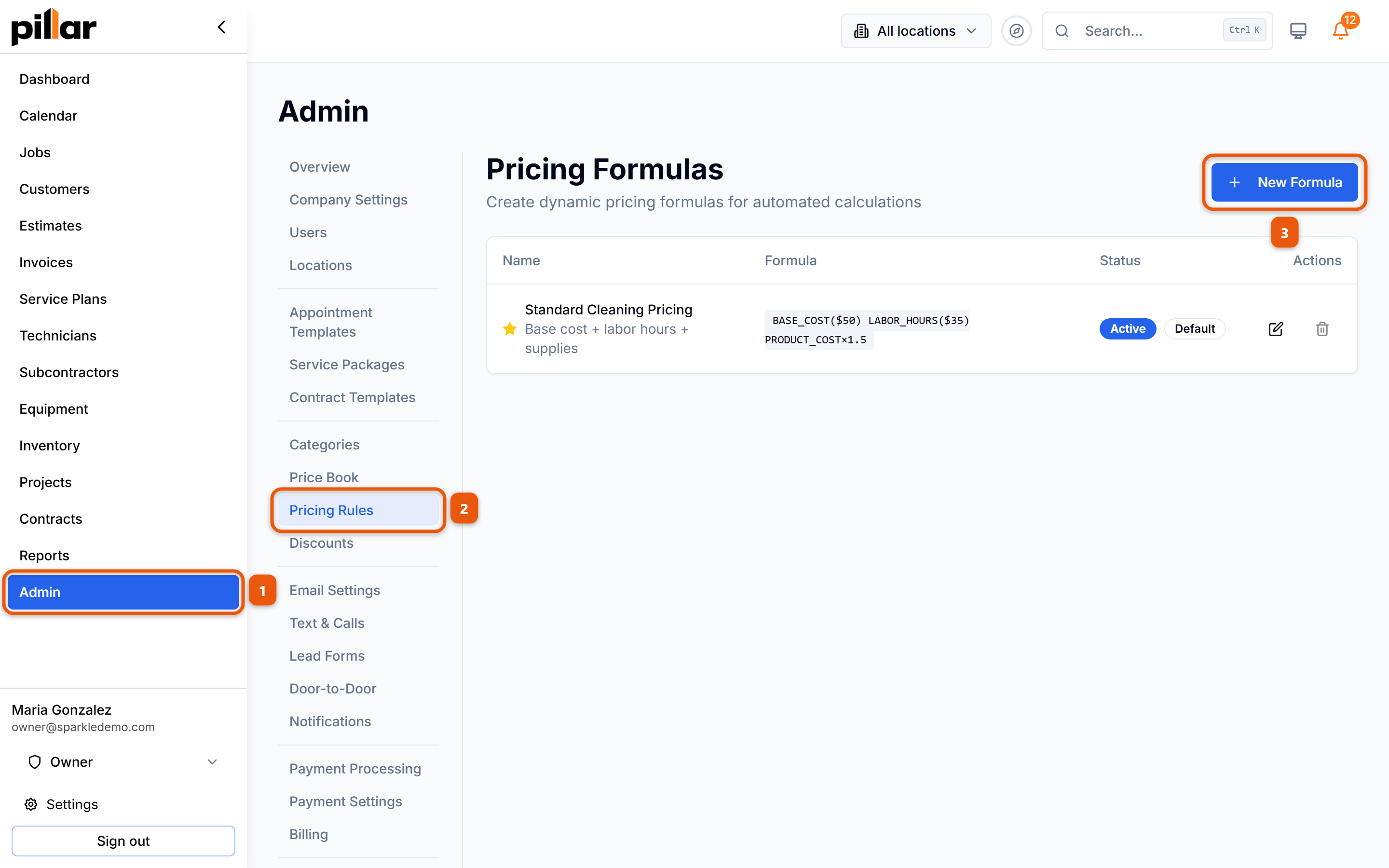 The Pricing Formulas list with the click path numbered: Admin in the sidebar, Pricing Rules in the admin menu, then the New Formula button