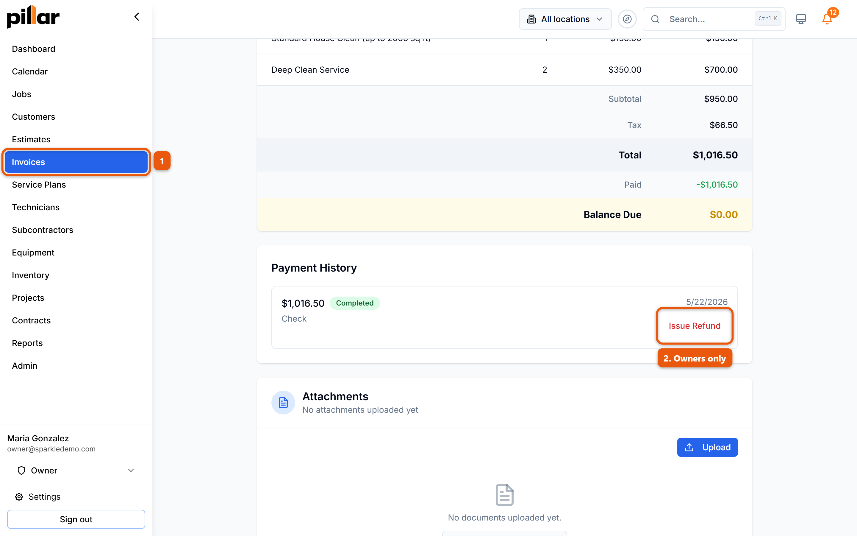 The Payment History section of a paid invoice with the Invoices sidebar item and the Issue Refund button on the payment line numbered