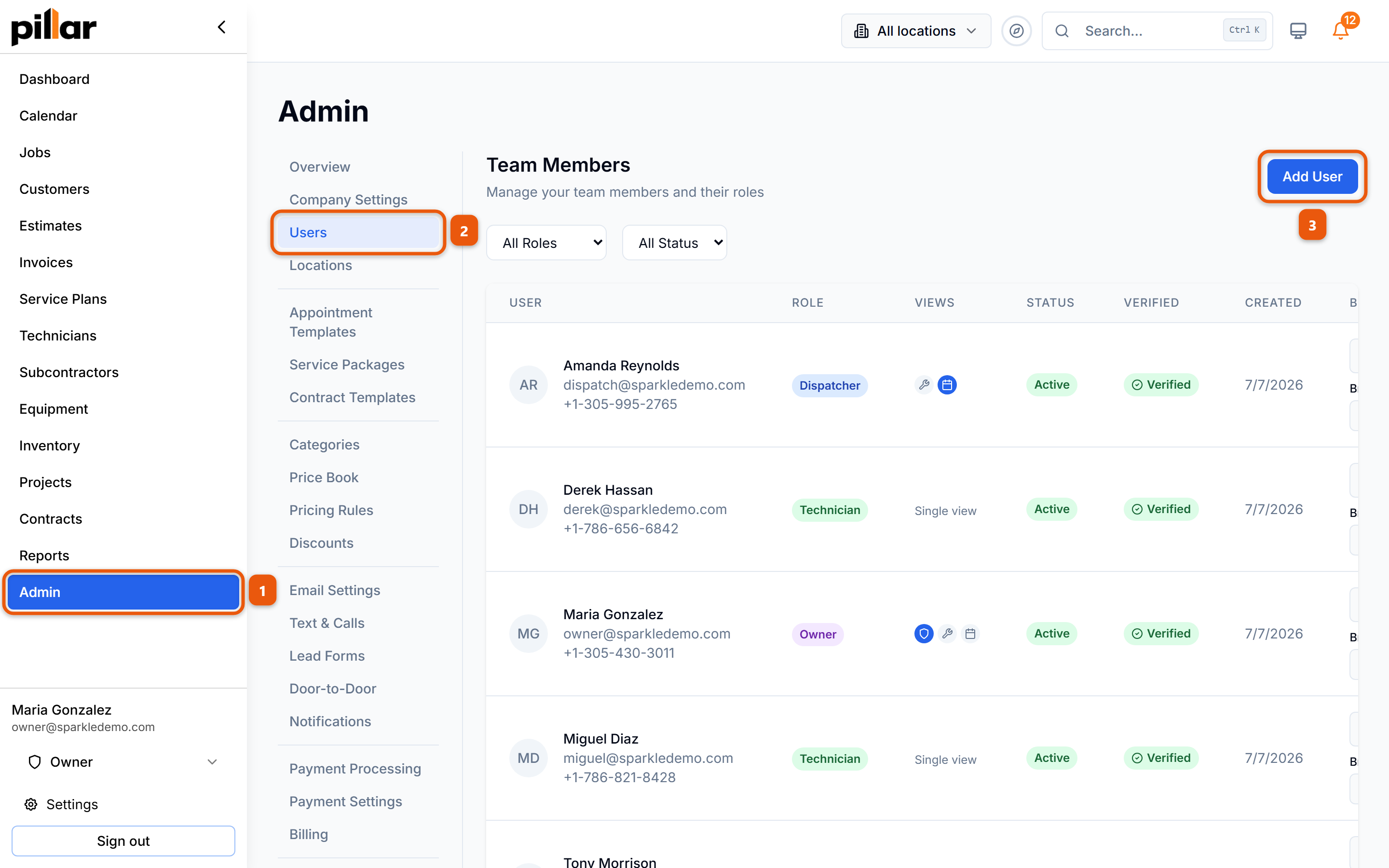 The team members list with the click path numbered: Admin in the sidebar, Users in the admin menu, then the Add User button