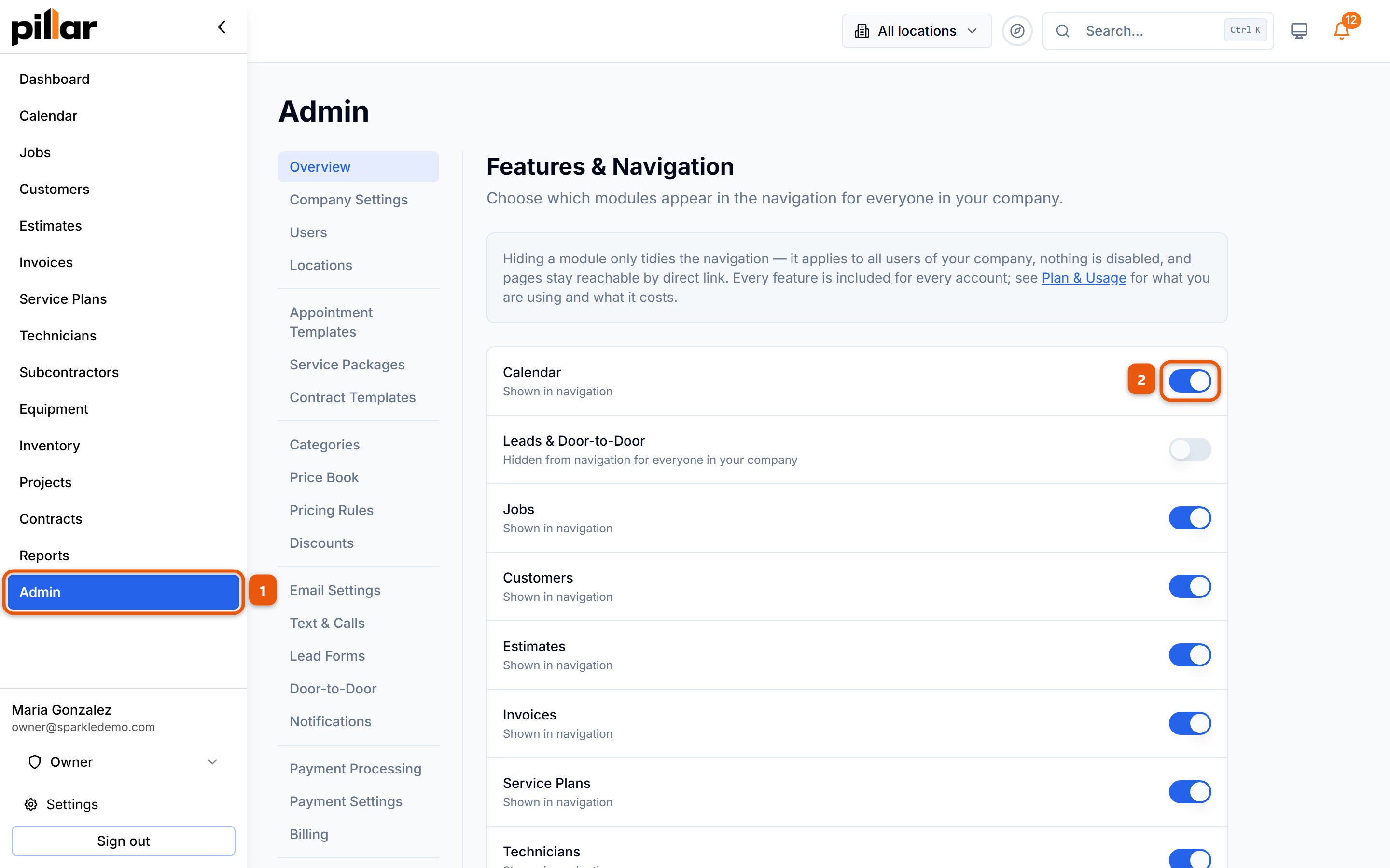 The Features and Navigation page with Admin in the sidebar numbered 1 and a module toggle numbered 2