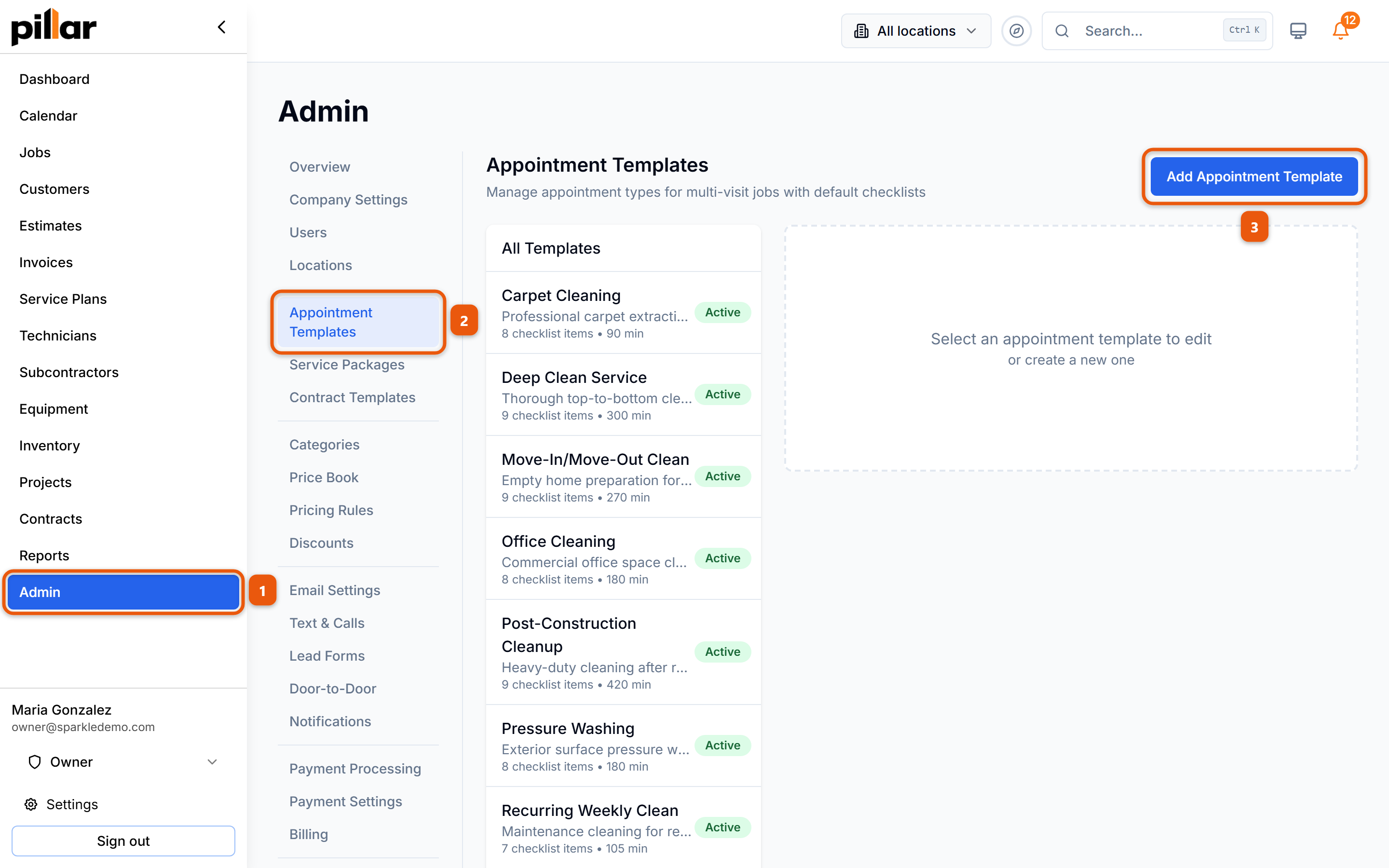 The Appointment Templates page with the click path numbered: Admin in the left sidebar, Appointment Templates in the admin menu, then the Add Appointment Template button