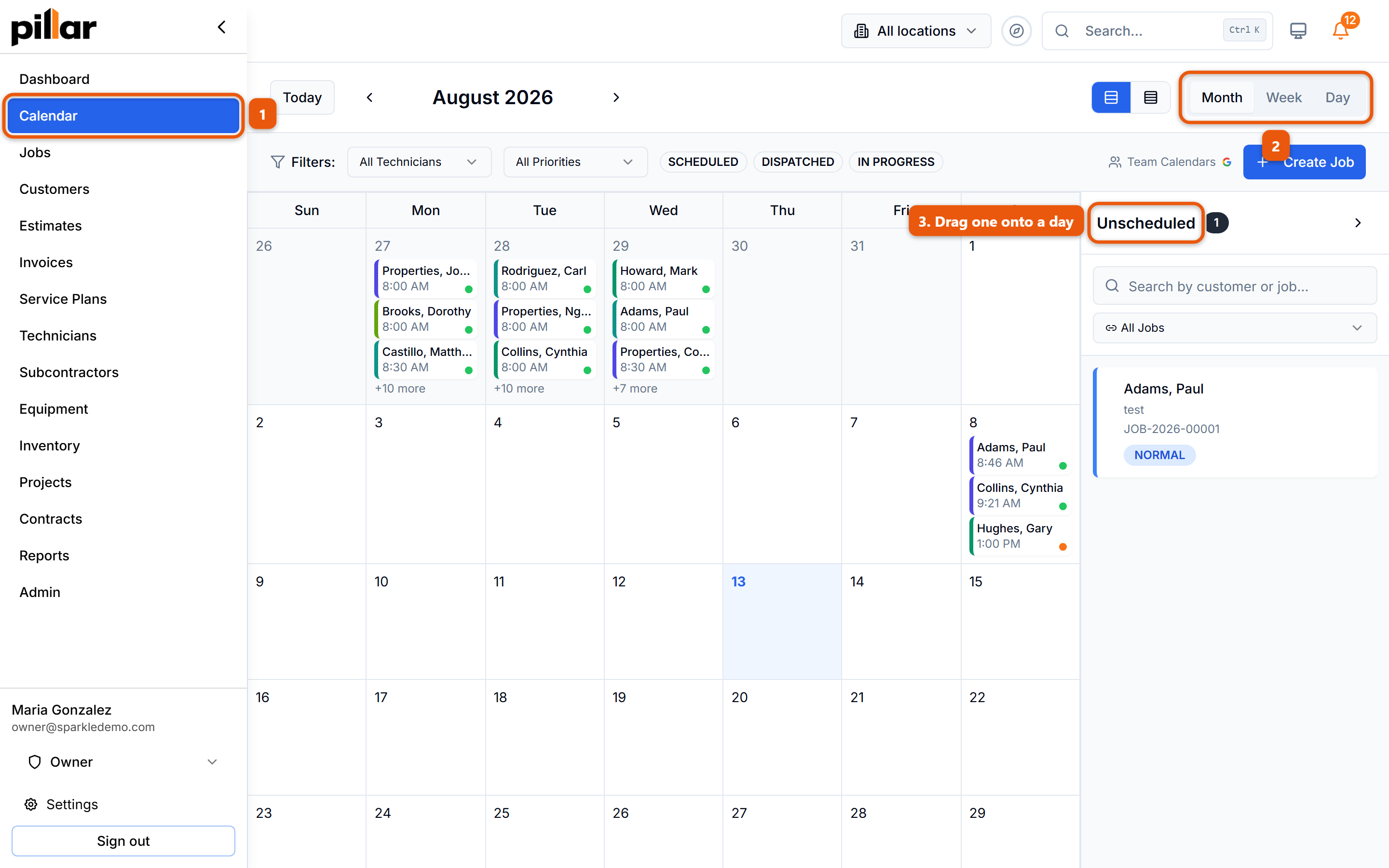 The calendar in month view with Calendar numbered in the left sidebar, the month, week and day tabs numbered, and the Unscheduled panel on the right