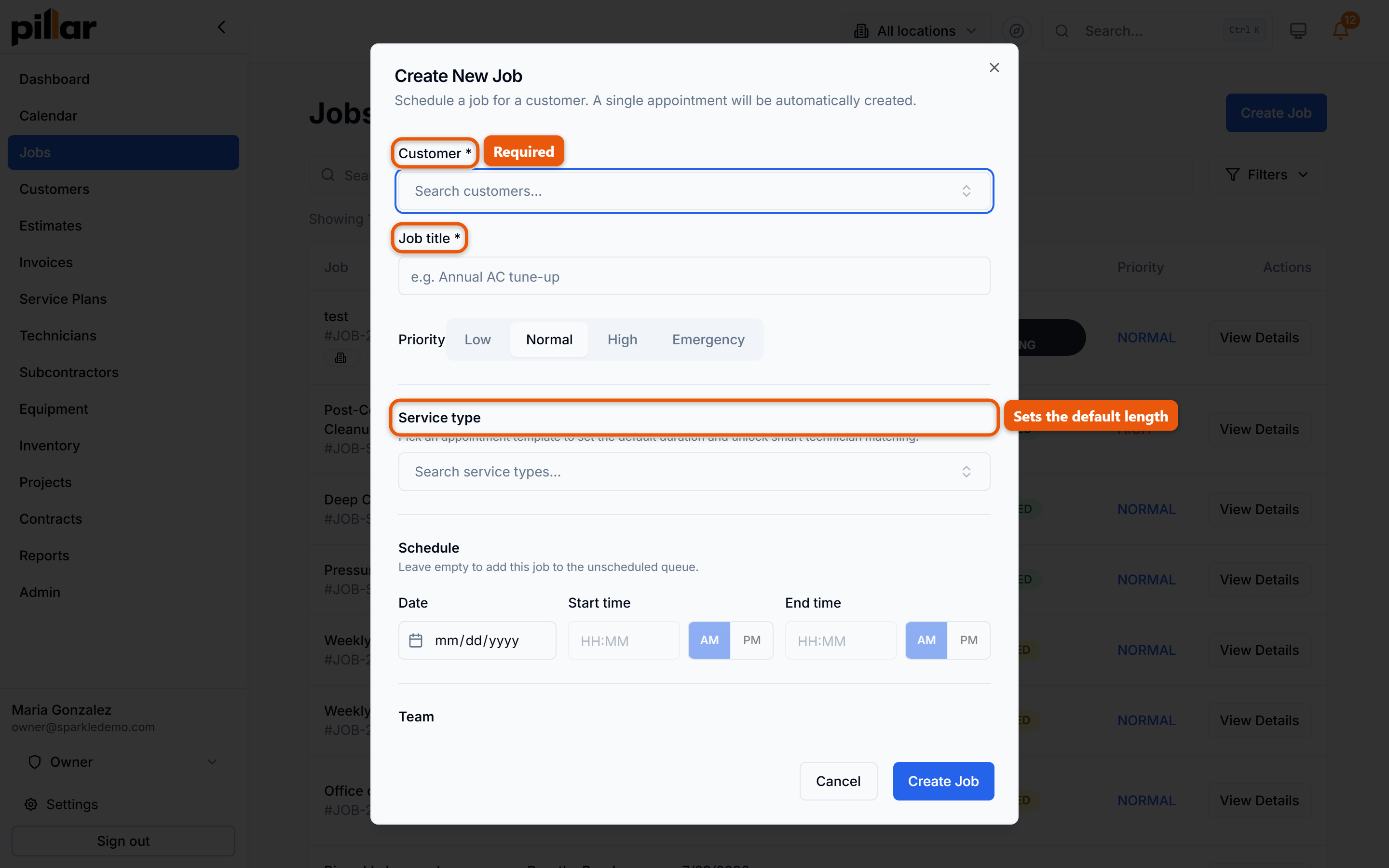 The Create New Job dialog with the Customer and Job title fields boxed and the Service type picker boxed underneath