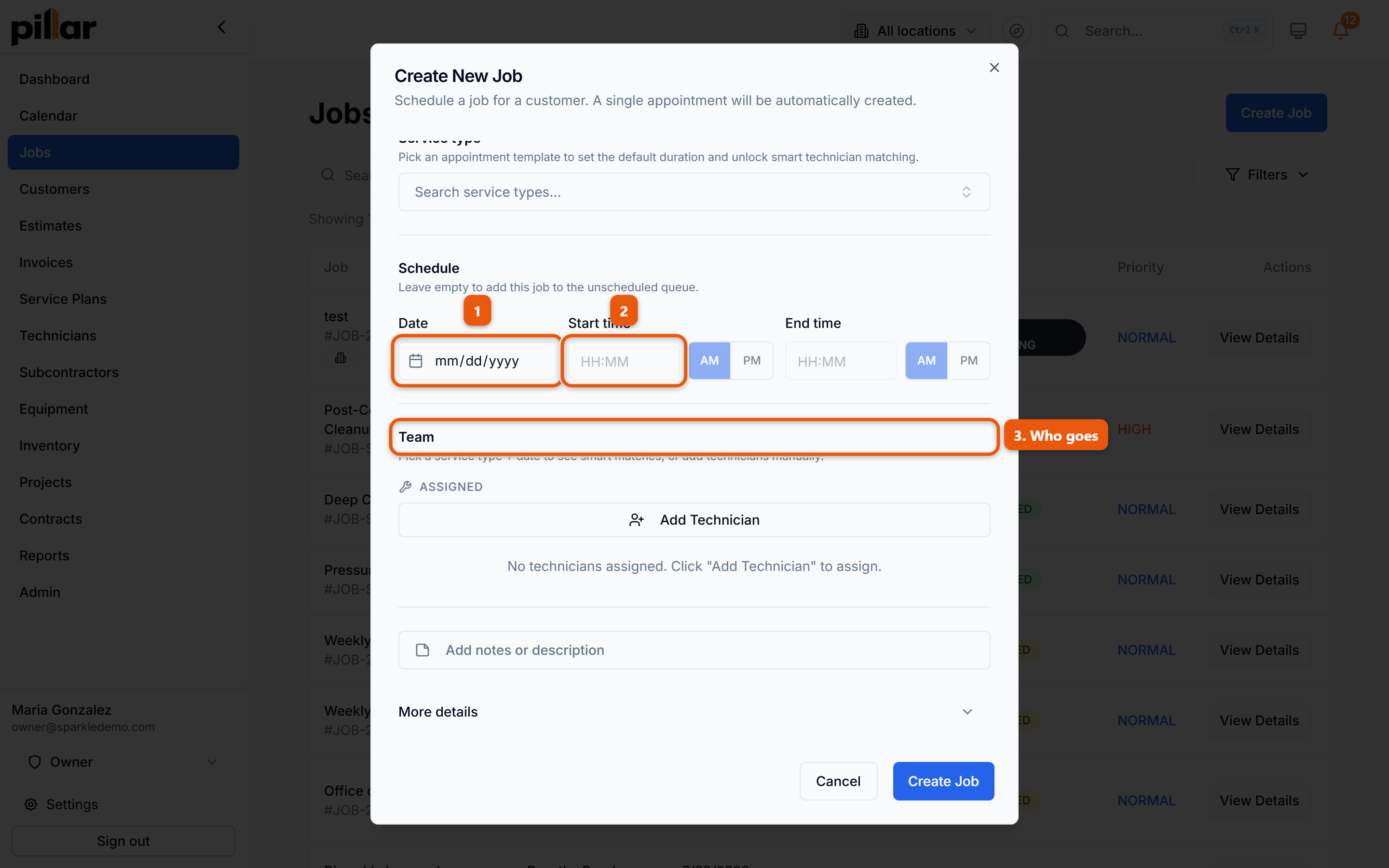 The Create New Job dialog scrolled to the Schedule section, with the Date and Start time fields numbered and the Team section below