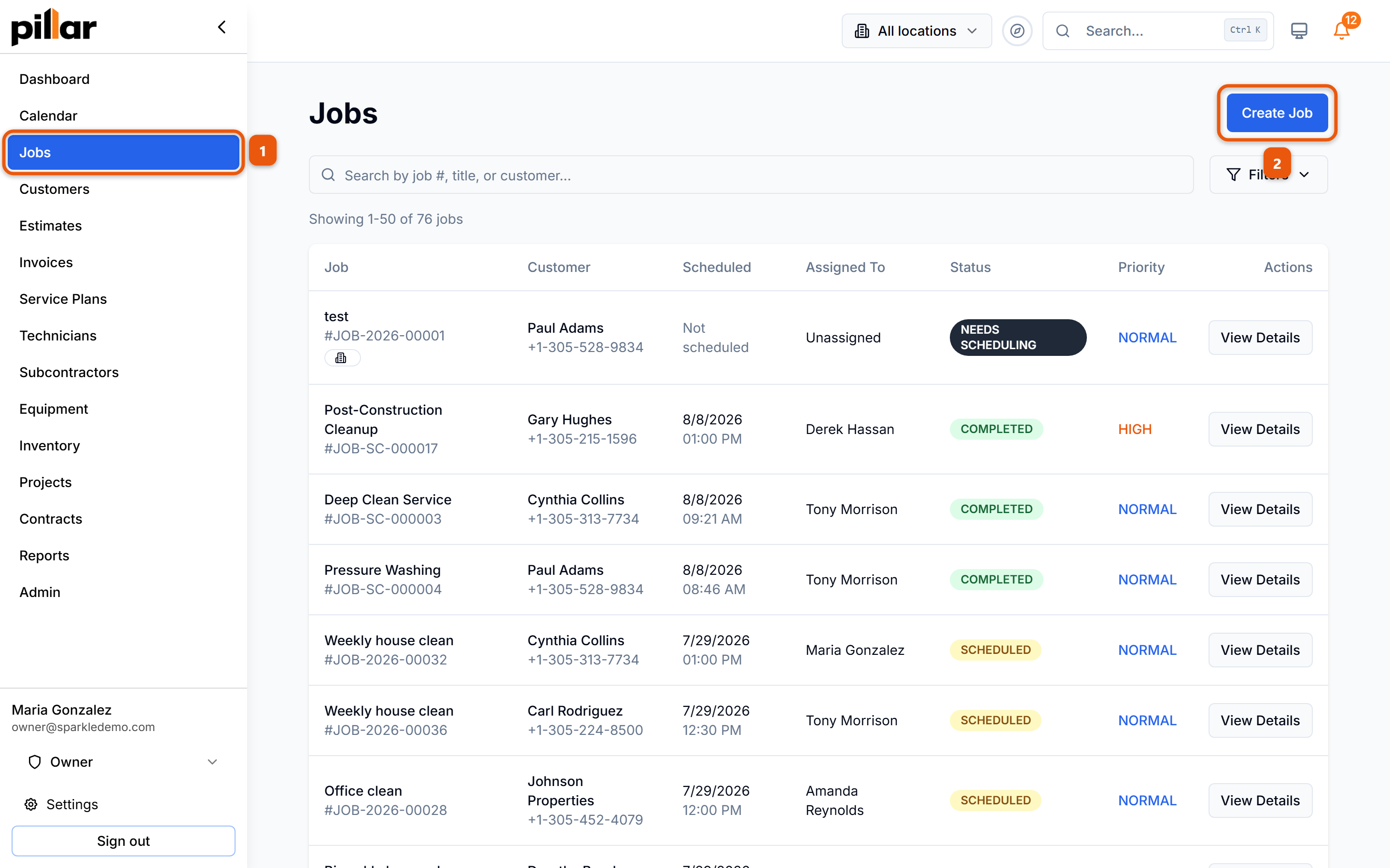 The Jobs list with the click path numbered: Jobs in the left sidebar, then the Create Job button above the table