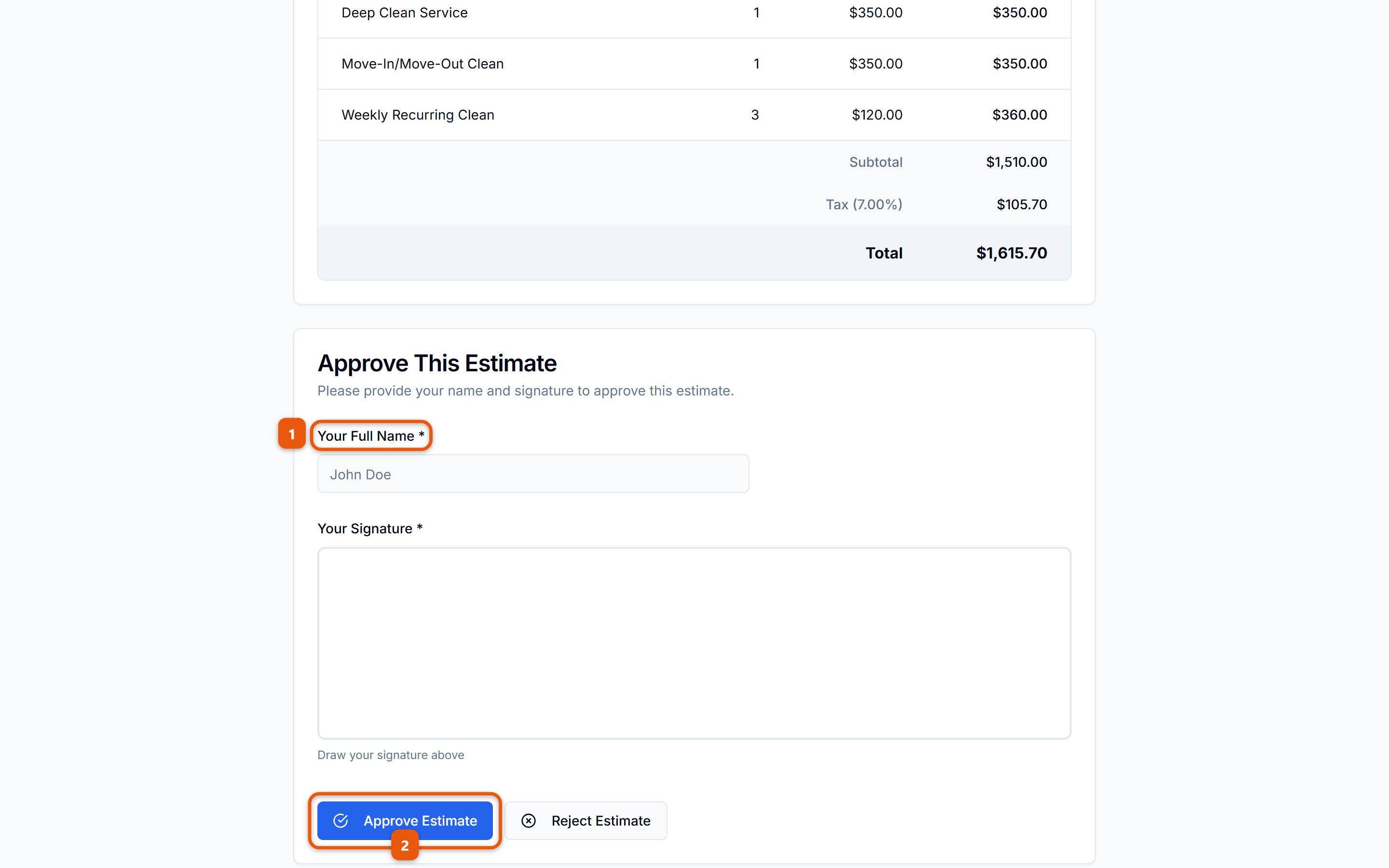 The public estimate approval page with the full name field numbered 1 and the Approve Estimate button numbered 2