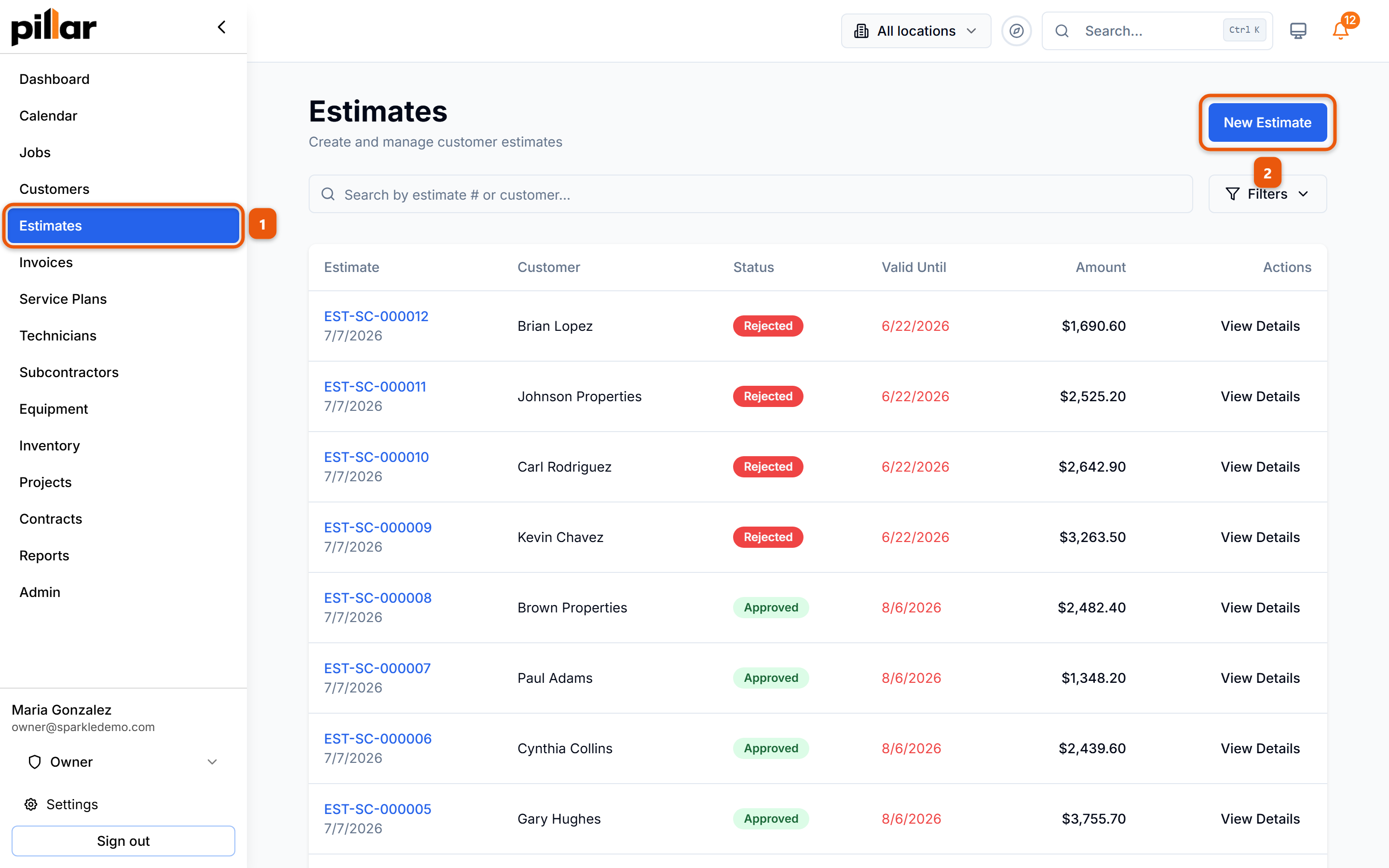 The Estimates list with the click path numbered: Estimates in the left sidebar, then the New Estimate button at the top right