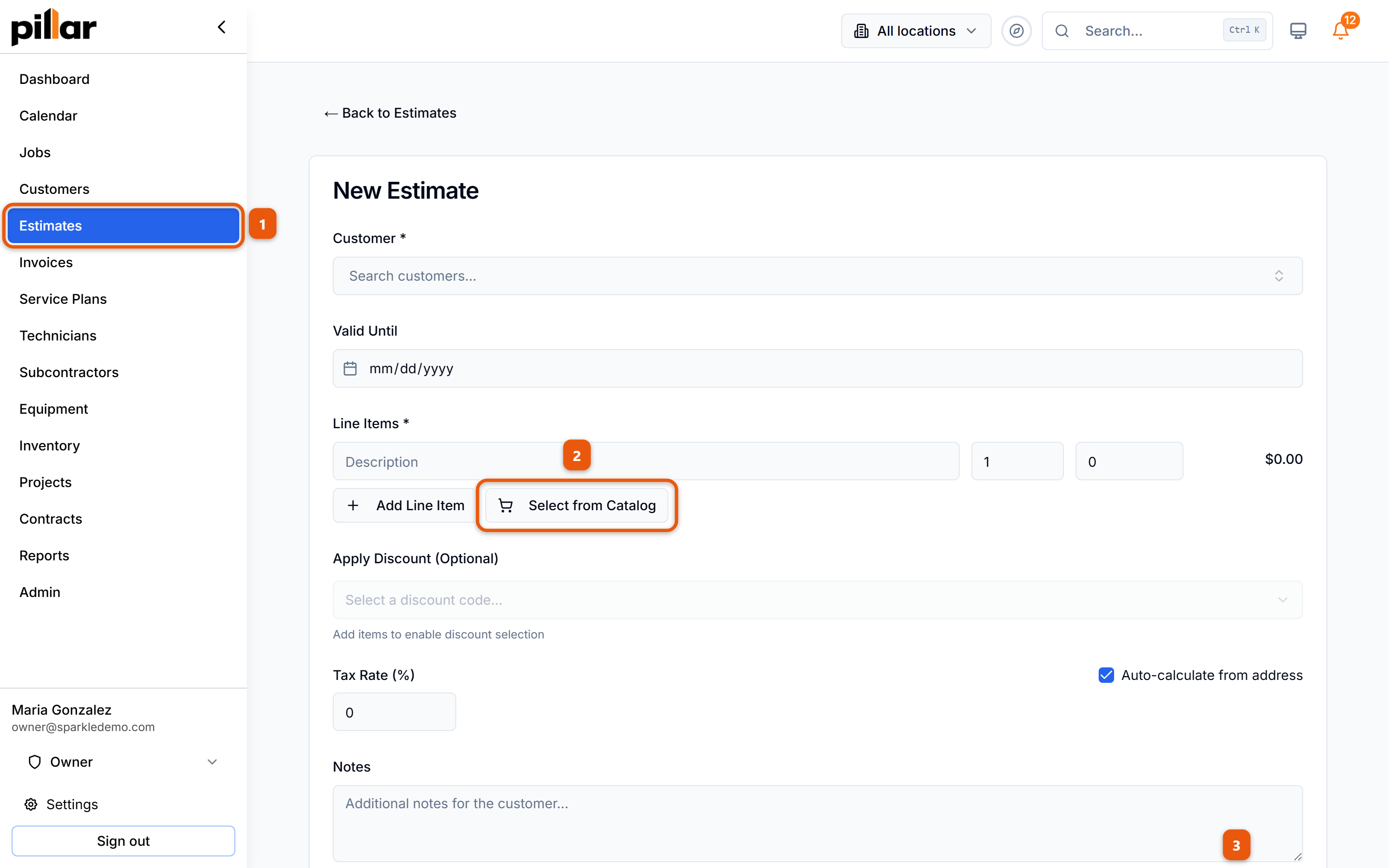 The New Estimate form with Estimates numbered in the sidebar, the Select from Catalog button numbered 2, and the Create Estimate button numbered 3