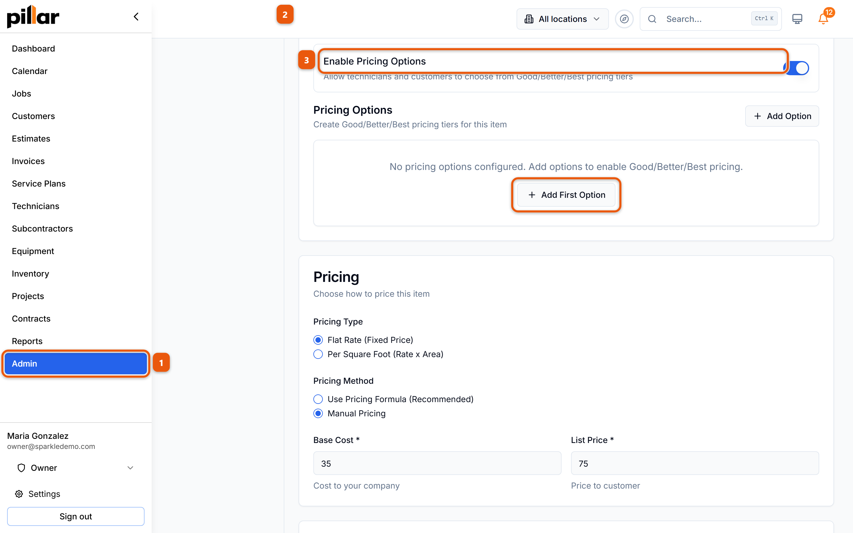 The Pricing Options (Good/Better/Best) card on a price book item, with Admin and Price Book numbered in the sidebar and the Enable Pricing Options switch numbered 3