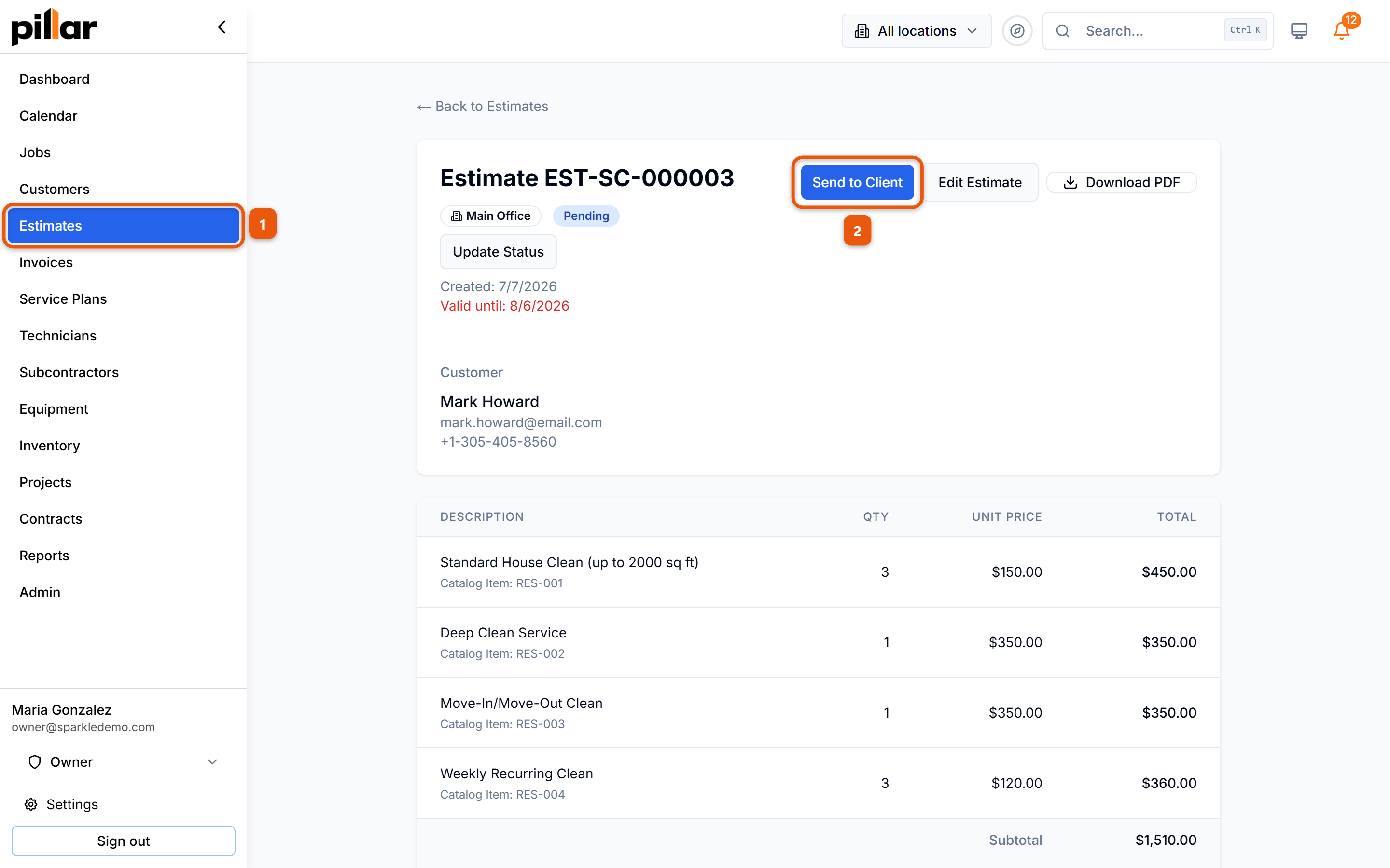 A pending estimate with Estimates numbered in the sidebar and the Send to Client button numbered 2