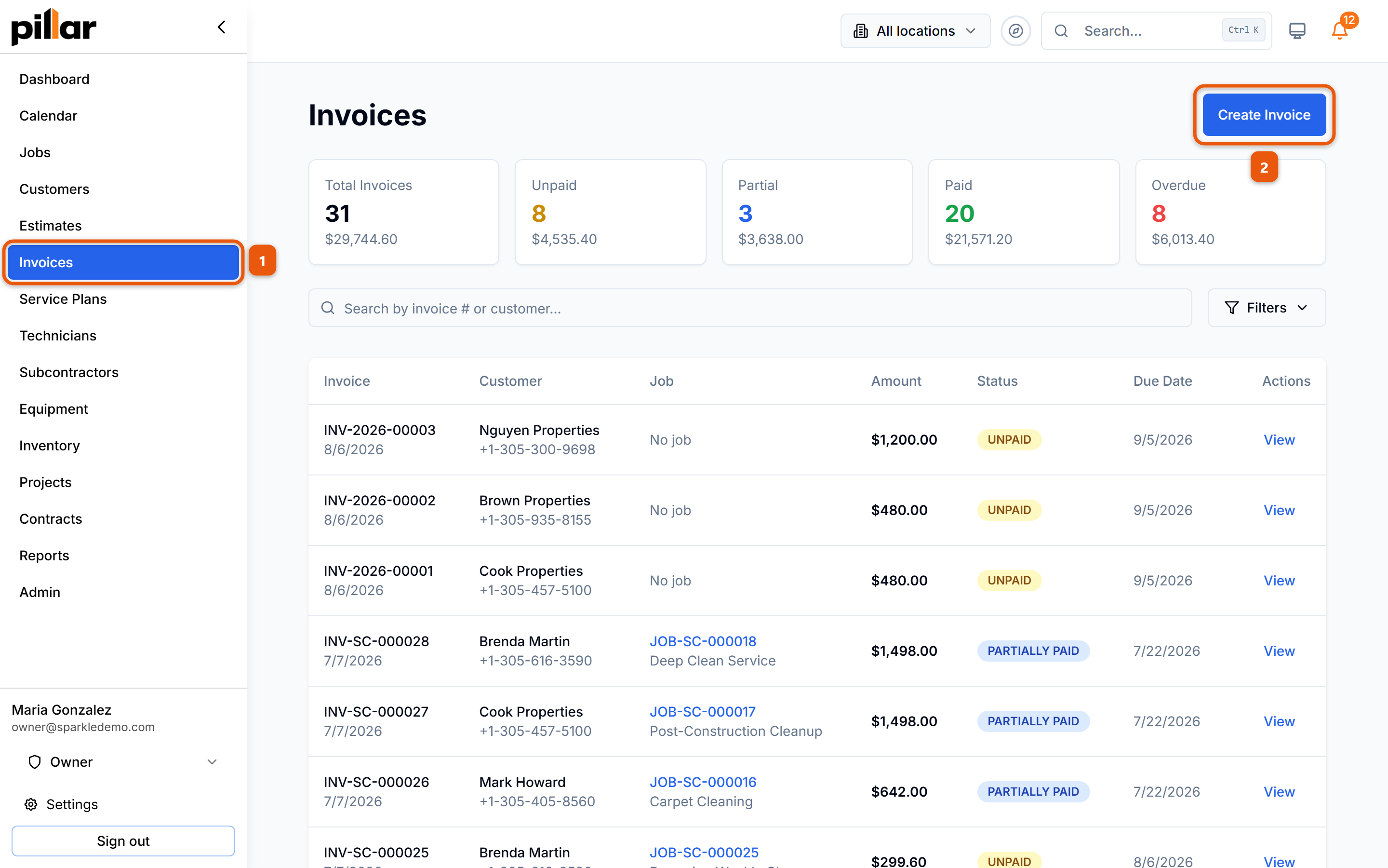 The invoices list with the click path numbered: Invoices in the left sidebar, then the Create Invoice button above the list
