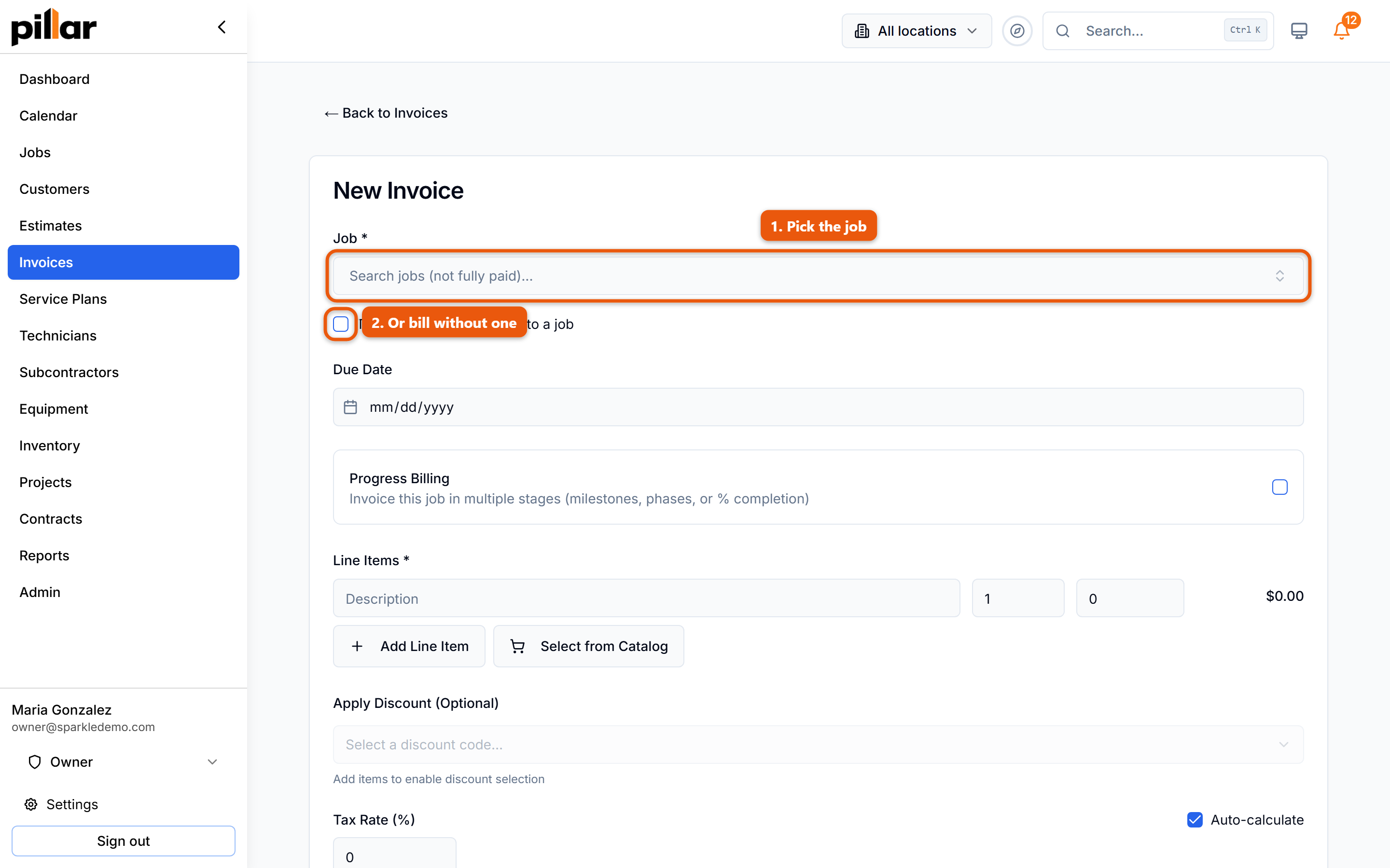 The New Invoice form with the job search field and the checkbox for an invoice that is not attached to a job marked