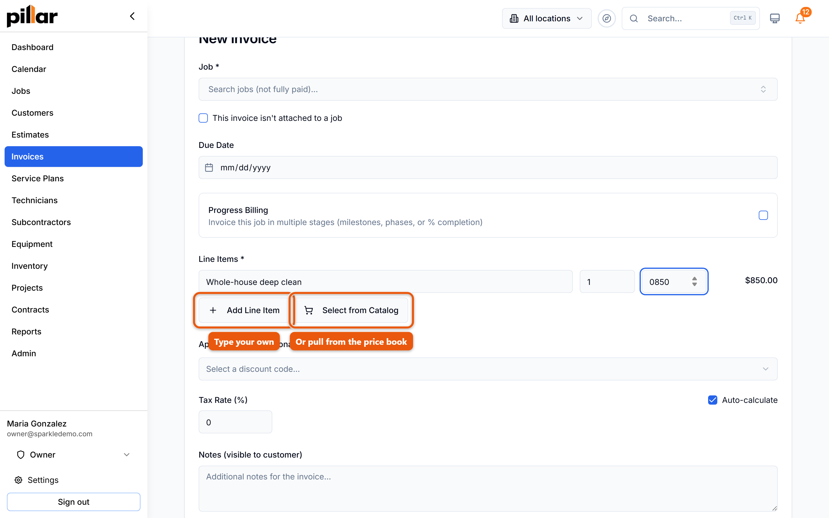 The line items section of the New Invoice form with the Add Line Item and Select from Catalog buttons marked