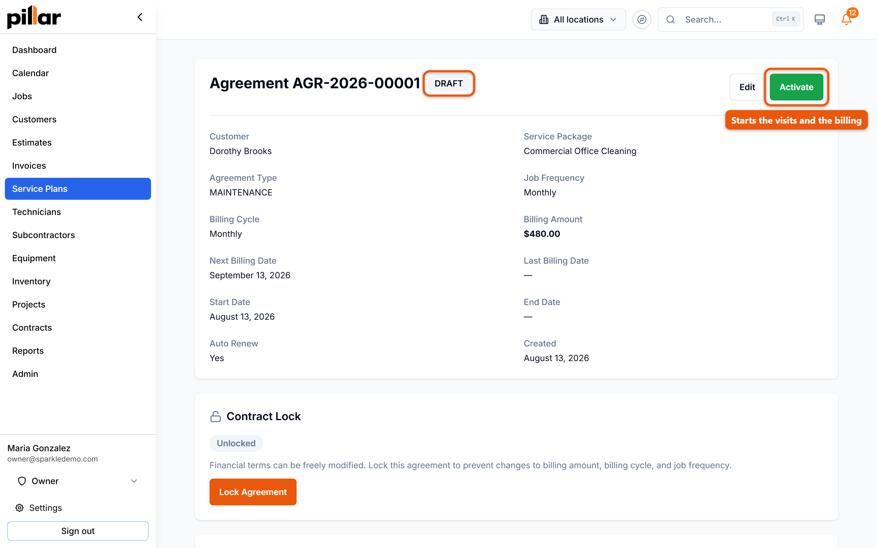 A draft service agreement with the Activate button at the top of the page highlighted