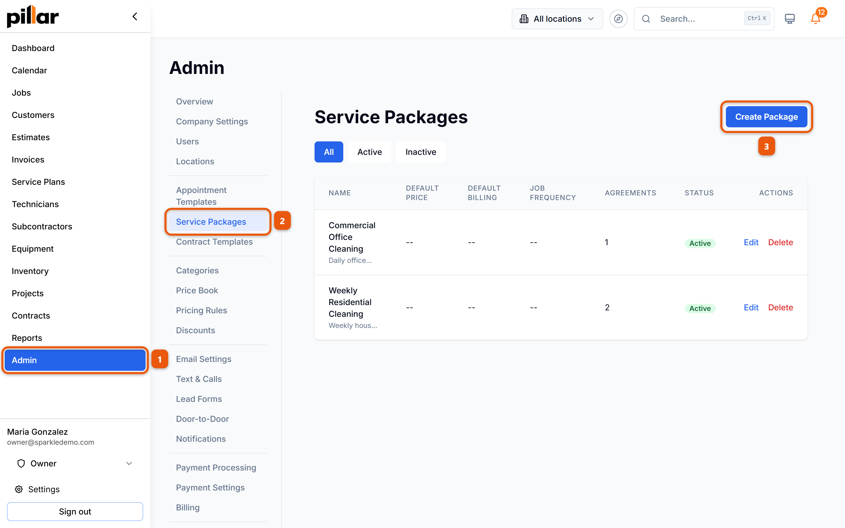 The Service Packages admin page with the click path numbered: Admin in the sidebar, Service Packages in the admin menu, then the Create Package button